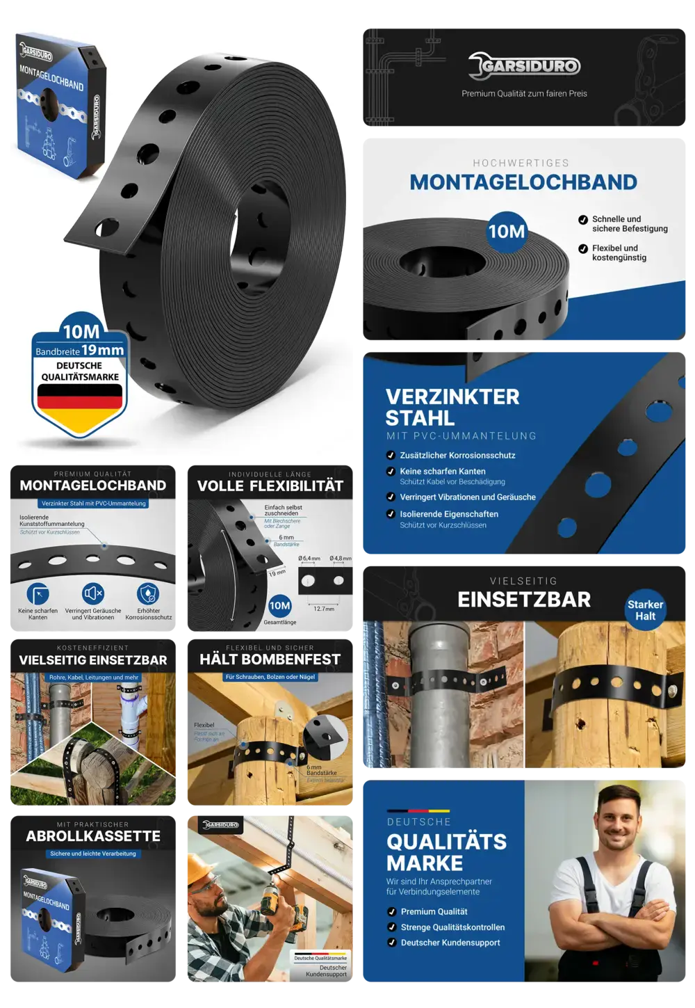Garsiduro Montagelochband aus verzinktem Stahl mit PVC-Ummantelung, 10 Meter Länge, 19mm Breite, vielseitig einsetzbar für schnelle und sichere Befestigungen.