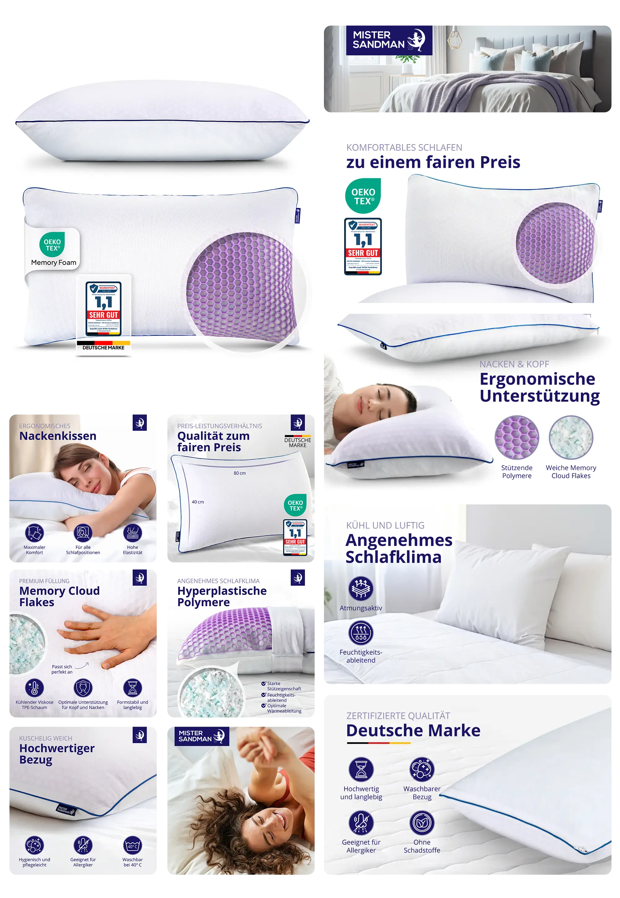 Mister Sandman Nackenkissen mit Memory Foam und kühlenden Gel-Polymeren für ergonomische Unterstützung und angenehmes Schlafklima.