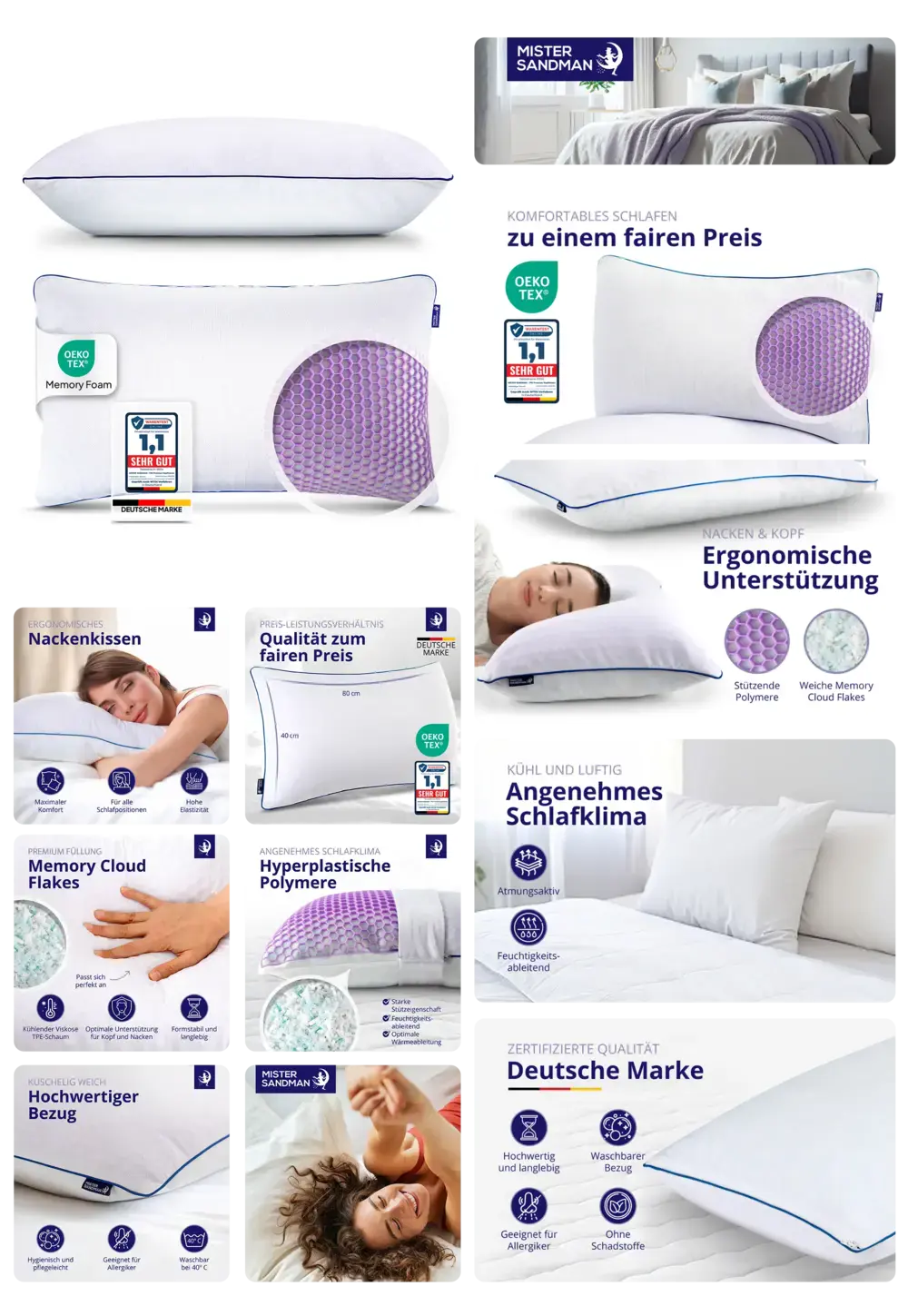 Mister Sandman Nackenkissen mit Memory Foam und kühlenden Gel-Polymeren für ergonomische Unterstützung und angenehmes Schlafklima.