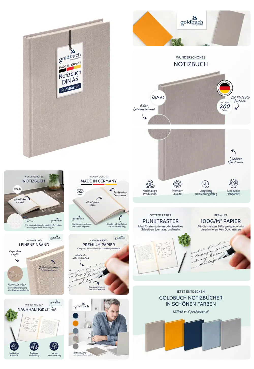 Goldbuch Notizbuch DIN A5 mit Punktmuster, Leineneinband und 200 Seiten aus hochwertigem Papier, ideal für Journaling und Notizen.