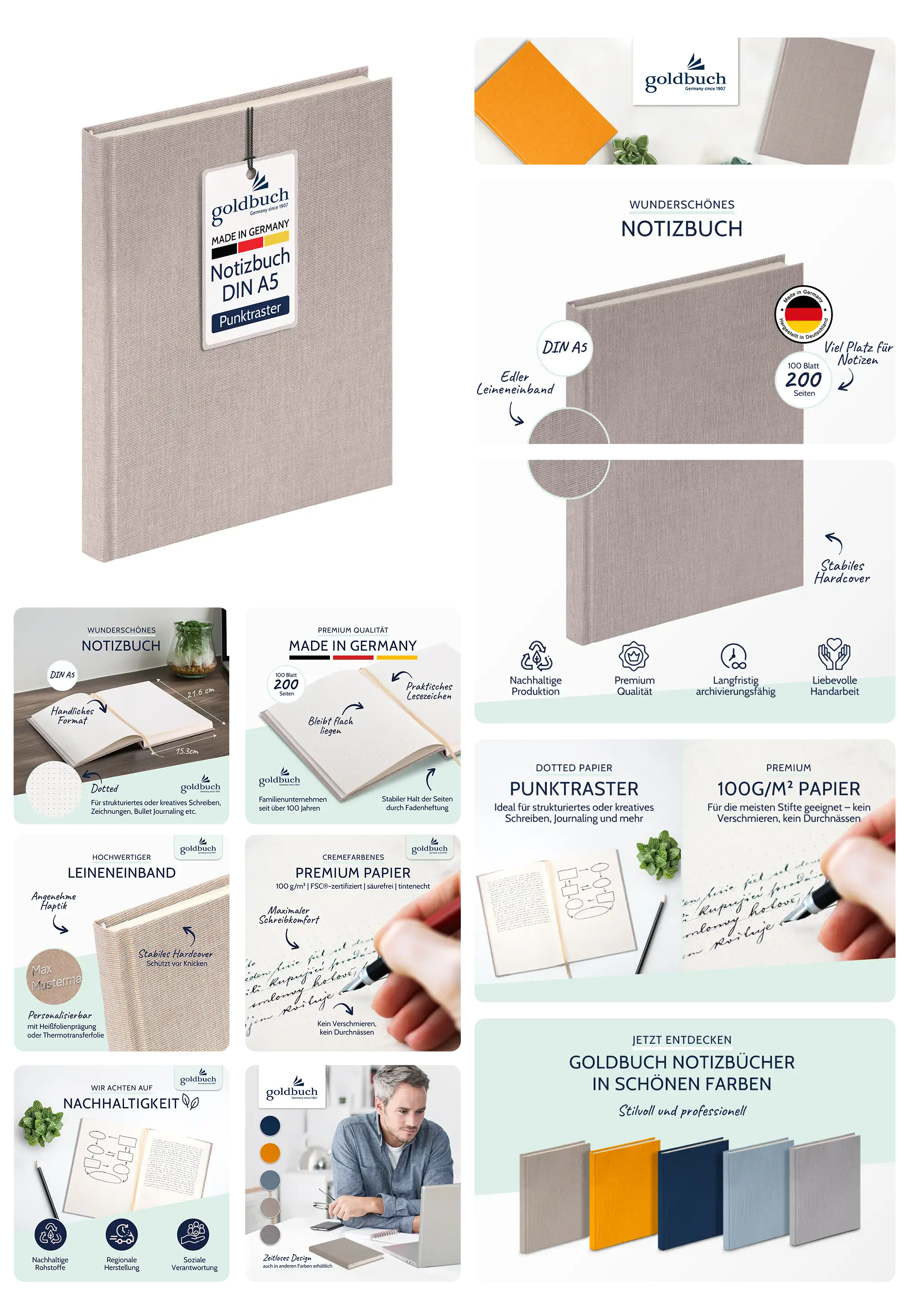 Goldbuch Notizbuch DIN A5 mit Punktmuster, Leineneinband und 200 Seiten aus hochwertigem Papier, ideal für Journaling und Notizen.