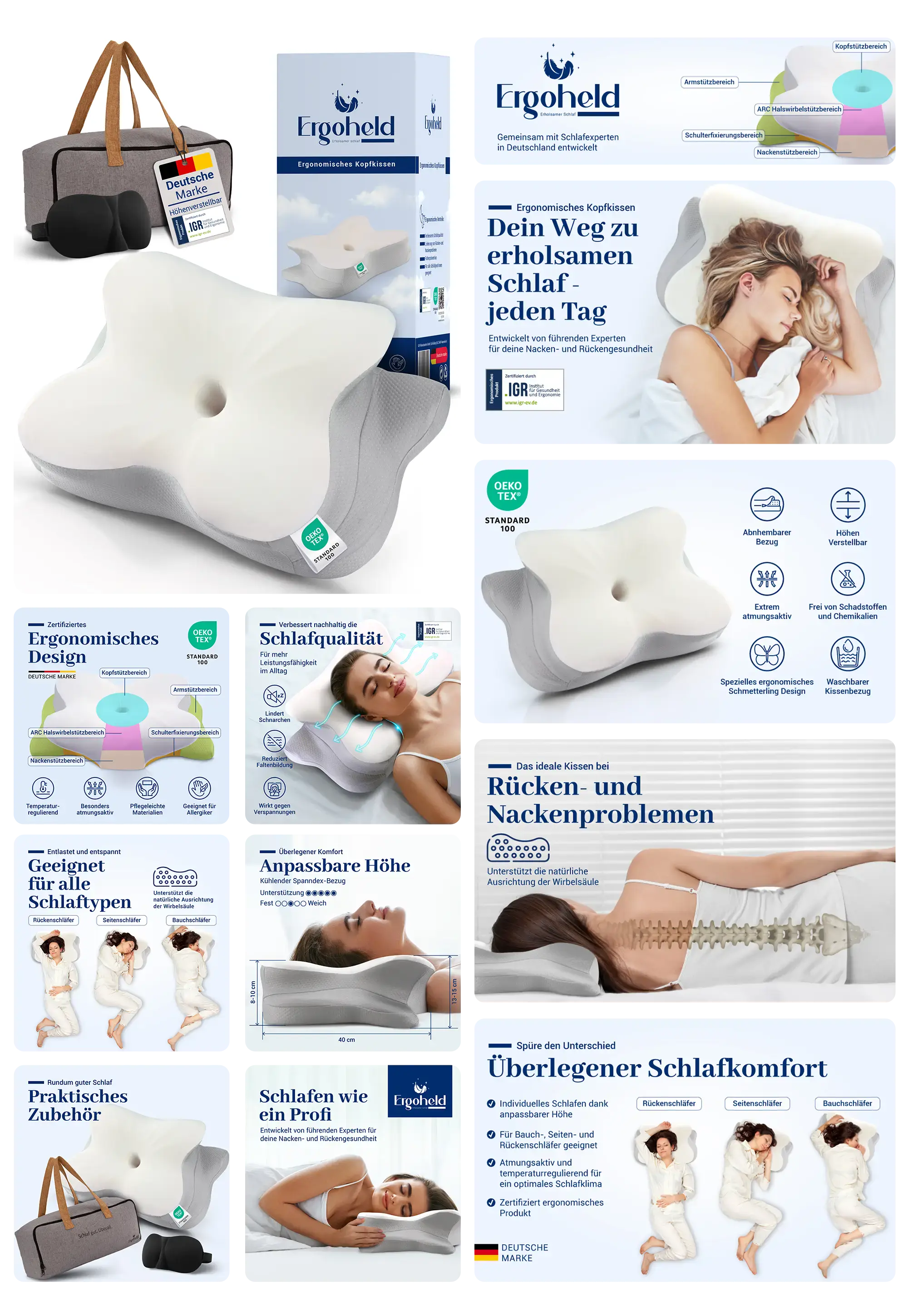 Ergoheld Orthopädisches Kissen aus Memory-Schaum für ergonomische Nacken- und Rückenunterstützung, fördert erholsamen Schlaf.