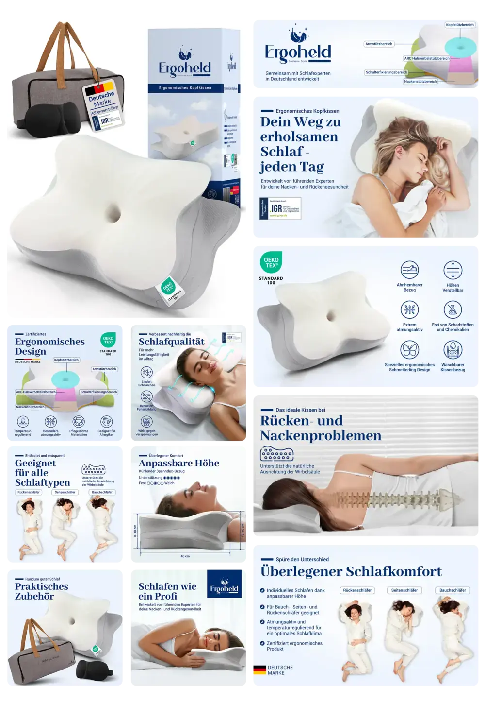 Ergoheld Orthopädisches Kissen aus Memory-Schaum für ergonomische Nacken- und Rückenunterstützung, fördert erholsamen Schlaf.