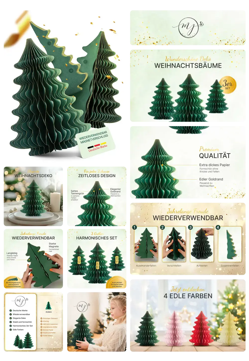 MJ Design Papier-Weihnachtsbäume im 3er Set aus extra dickem Papier mit edlem Goldrand und Magnetverschluss, wiederverwendbar für festliche Dekorationen.