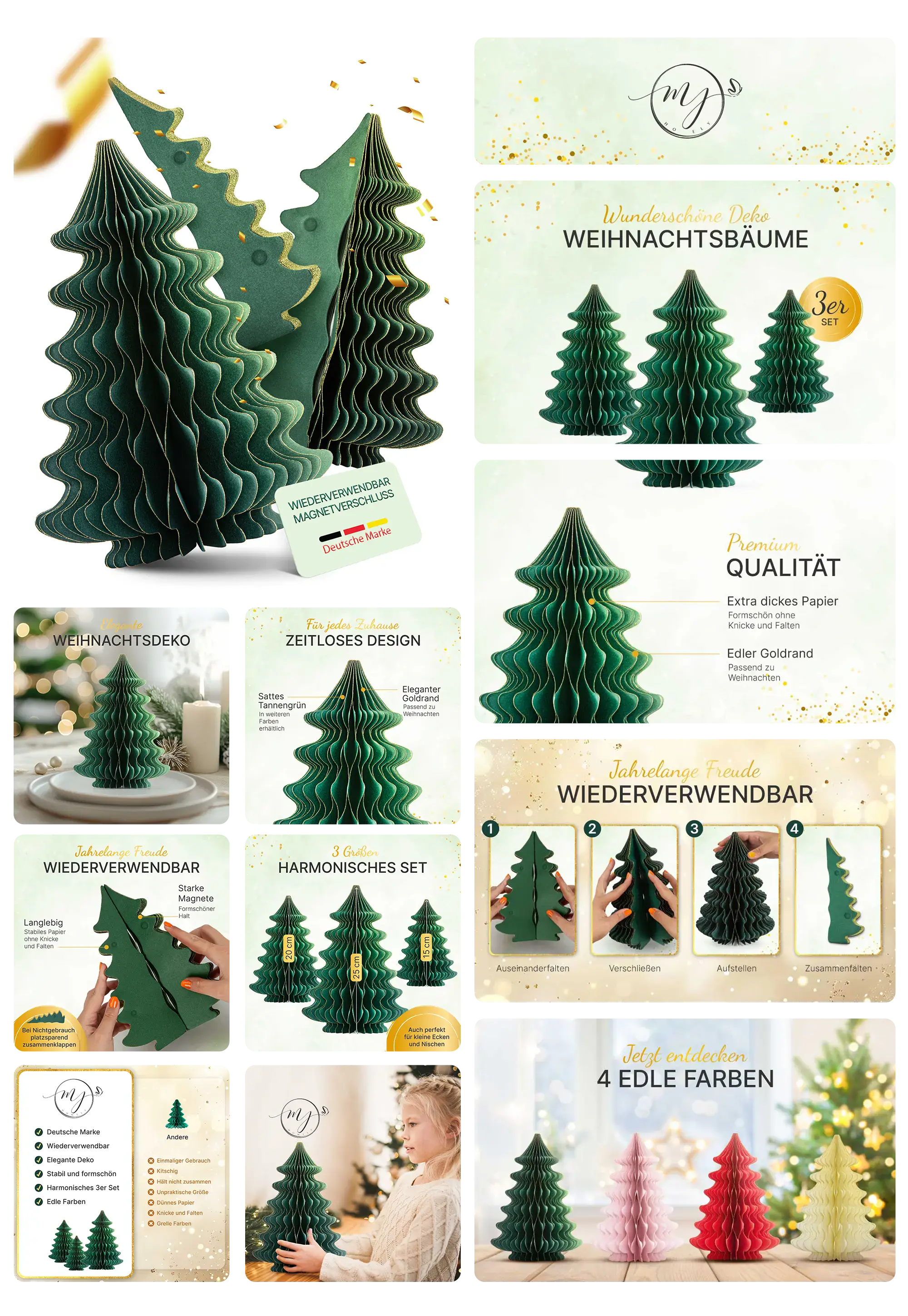 MJ Design Papier-Weihnachtsbäume im 3er Set aus extra dickem Papier mit edlem Goldrand und Magnetverschluss, wiederverwendbar für festliche Dekorationen.