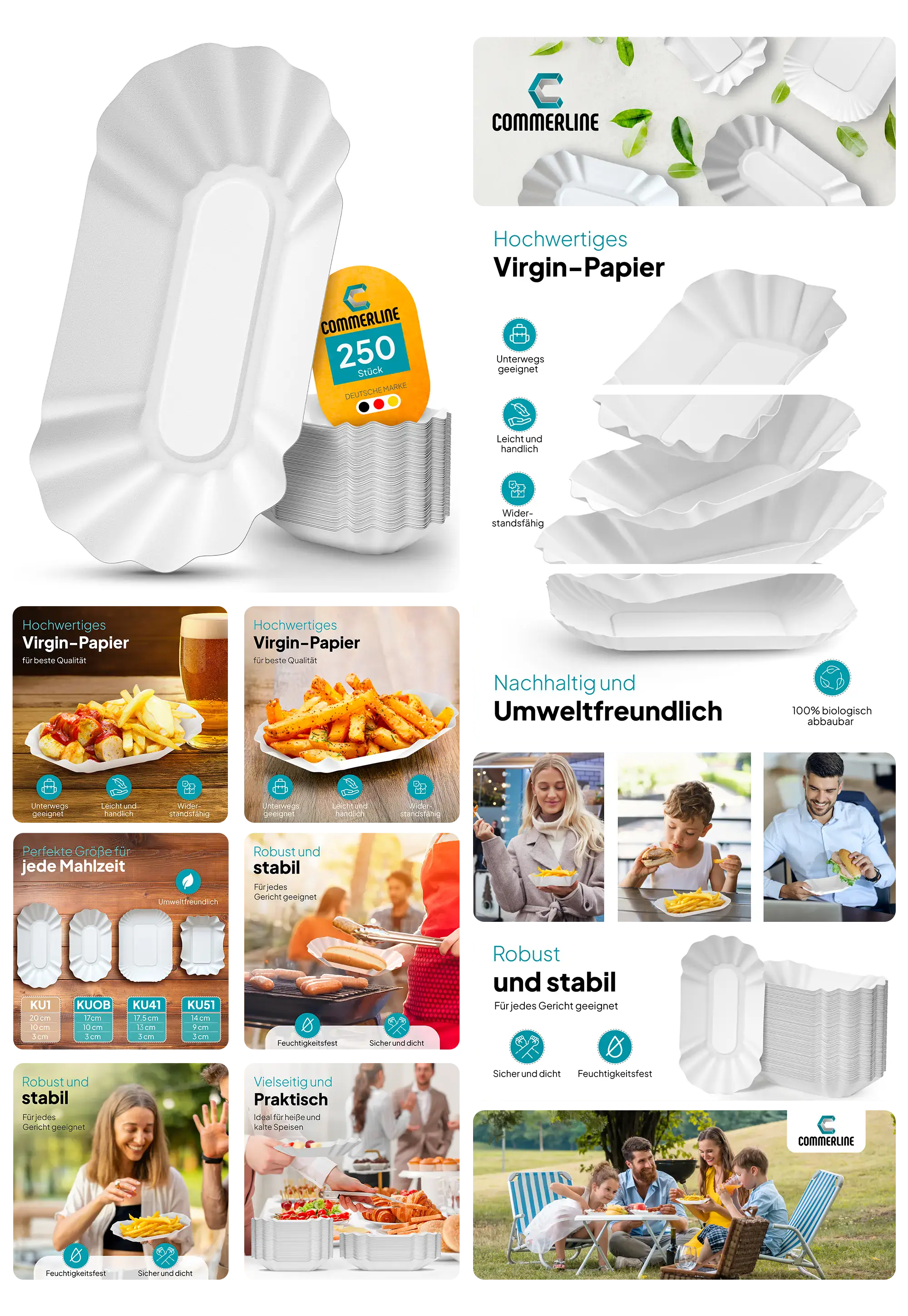 Commerline Pappteller in Ovalform aus hochwertigem Virgin-Papier, robust und umweltfreundlich, ideal für Partys und Picknicks.
