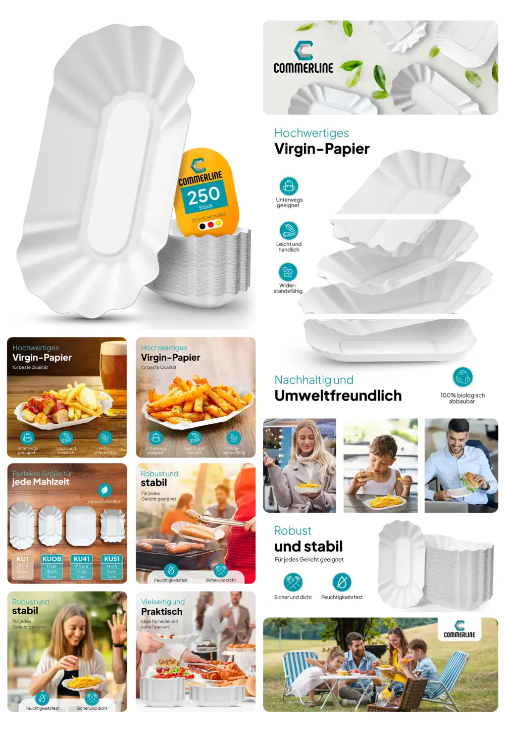 Commerline Pappteller in Ovalform aus hochwertigem Virgin-Papier, robust und umweltfreundlich, ideal für Partys und Picknicks.
