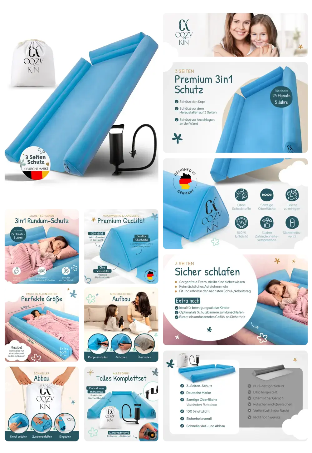 Cozy Kin aufblasbarer Rausfallschutz für Kinderbetten, 3-seitiger Premium-Schutz, sicher, weich und tragbar für zu Hause oder Reisen.