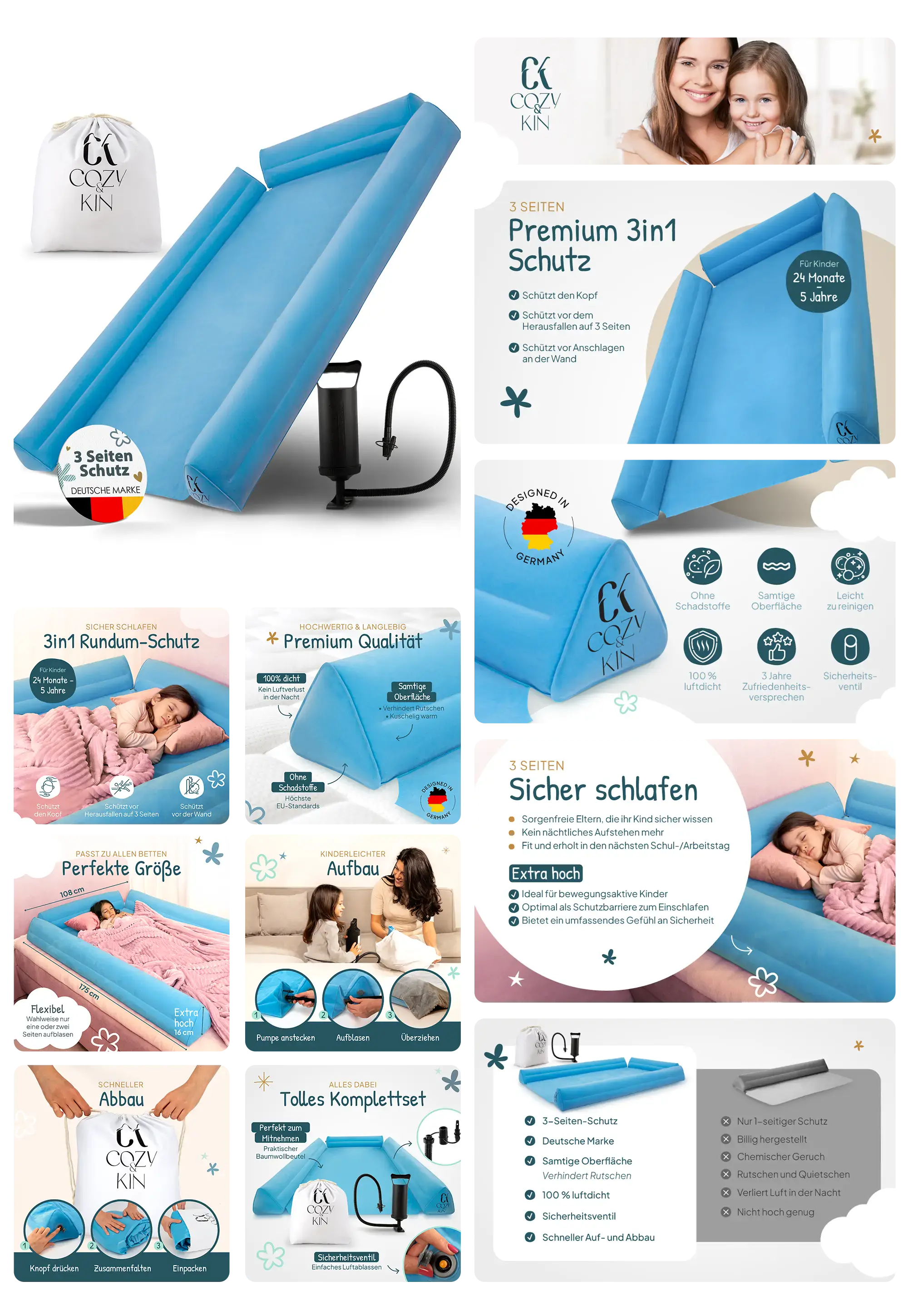 Cozy Kin aufblasbarer Rausfallschutz für Kinderbetten, 3-seitiger Premium-Schutz, sicher, weich und tragbar für zu Hause oder Reisen.