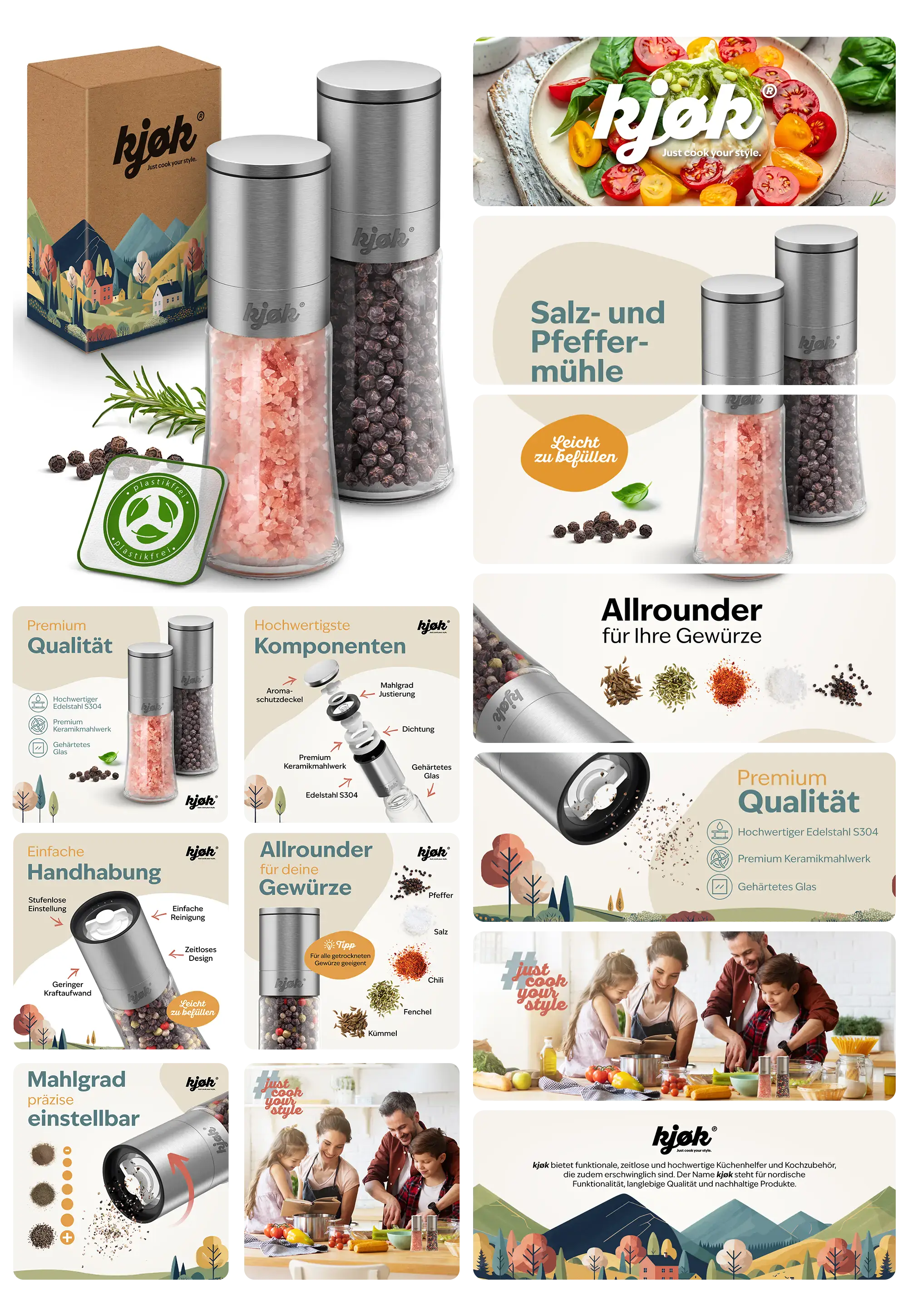 Kjok Salz- und Pfeffermühlen-Set aus hochwertigem Edelstahl mit Keramikmahlwerk, leicht befüllbar und individuell einstellbarem Mahlgrad.