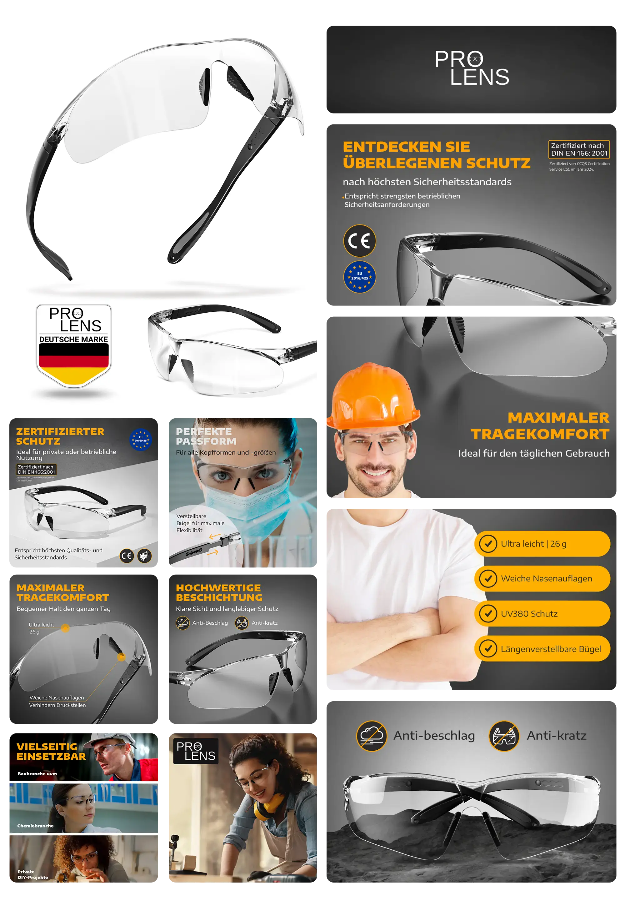 PRO LENS Schutzbrillen mit UV380 Schutz, Antibeschlag- und Antikratz-Beschichtung, zertifiziert nach DIN EN 166:2001, ideal für Arbeit und Heimwerker.