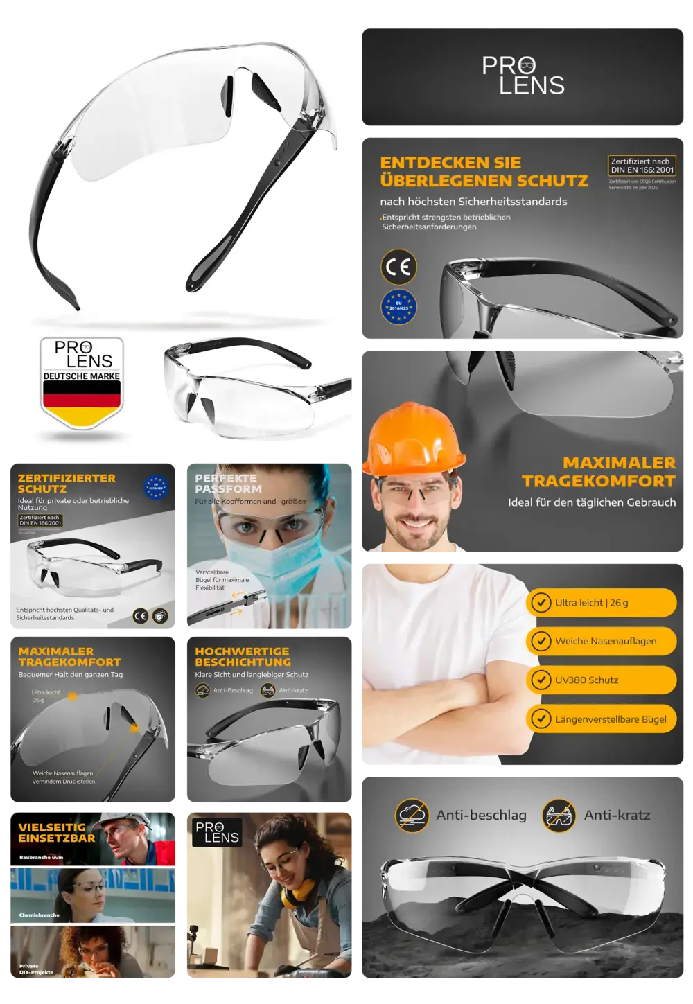 PRO LENS Schutzbrillen mit UV380 Schutz, Antibeschlag- und Antikratz-Beschichtung, zertifiziert nach DIN EN 166:2001, ideal für Arbeit und Heimwerker.