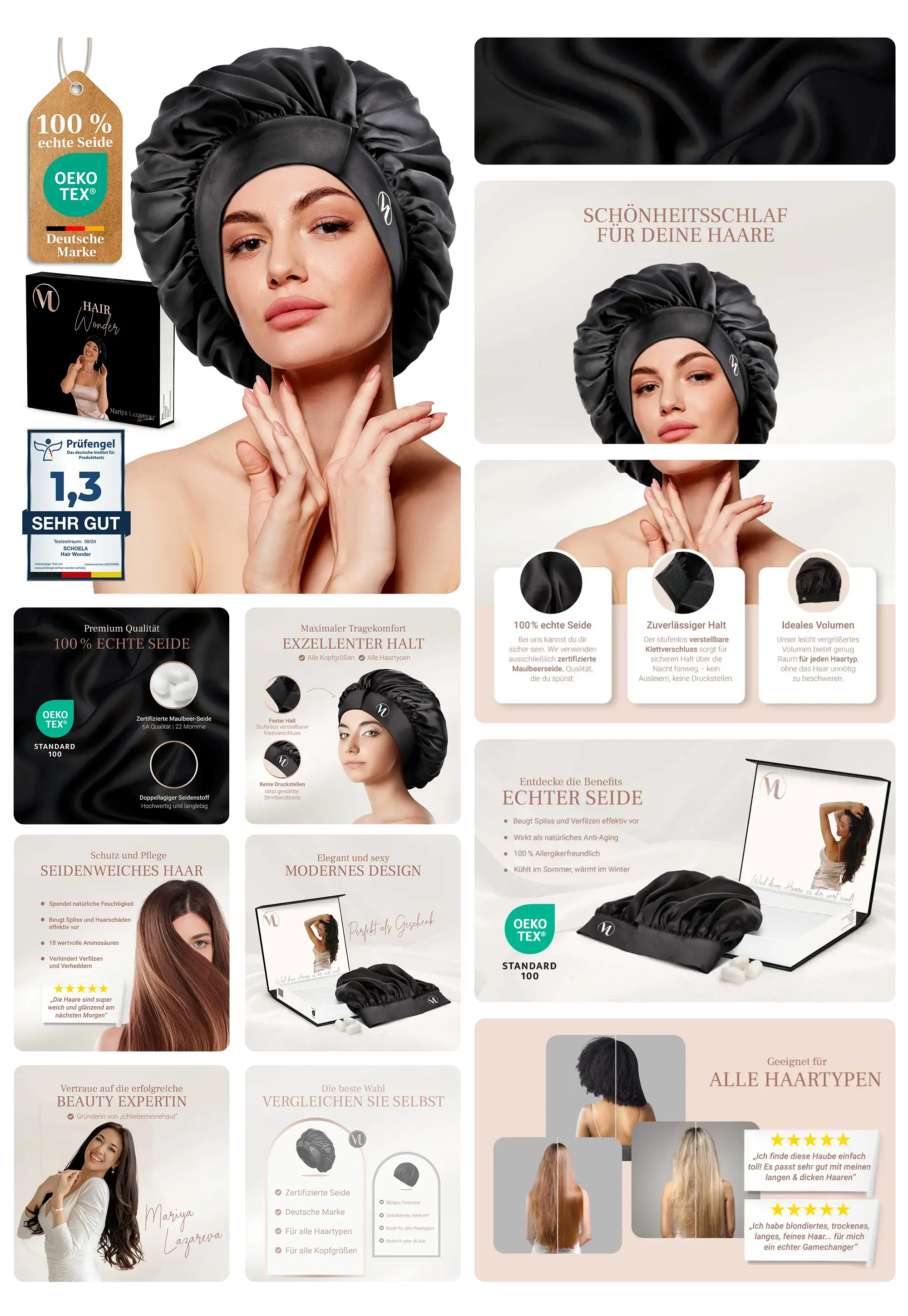 M Hair Wear Seidenhaube aus 100% echter Seide, ideal für Schönheitsschlaf, schützt das Haar und sorgt für Glanz und Geschmeidigkeit.