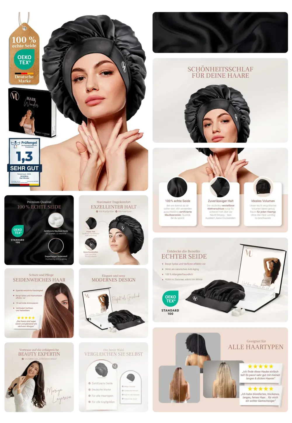 M Hair Wear Seidenhaube aus 100% echter Seide, ideal für Schönheitsschlaf, schützt das Haar und sorgt für Glanz und Geschmeidigkeit.