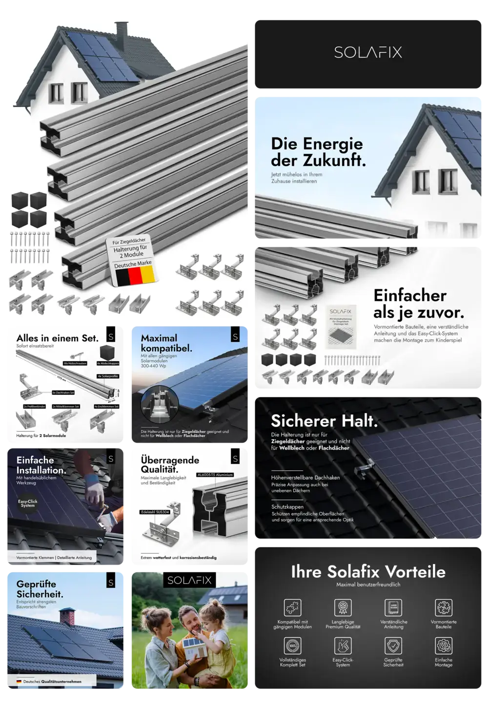 SOLAFIX Solar Halterung Komplettset für Ziegeldächer, robustes Aluminiumgestell für einfache und sichere Installation von Solarmodulen.