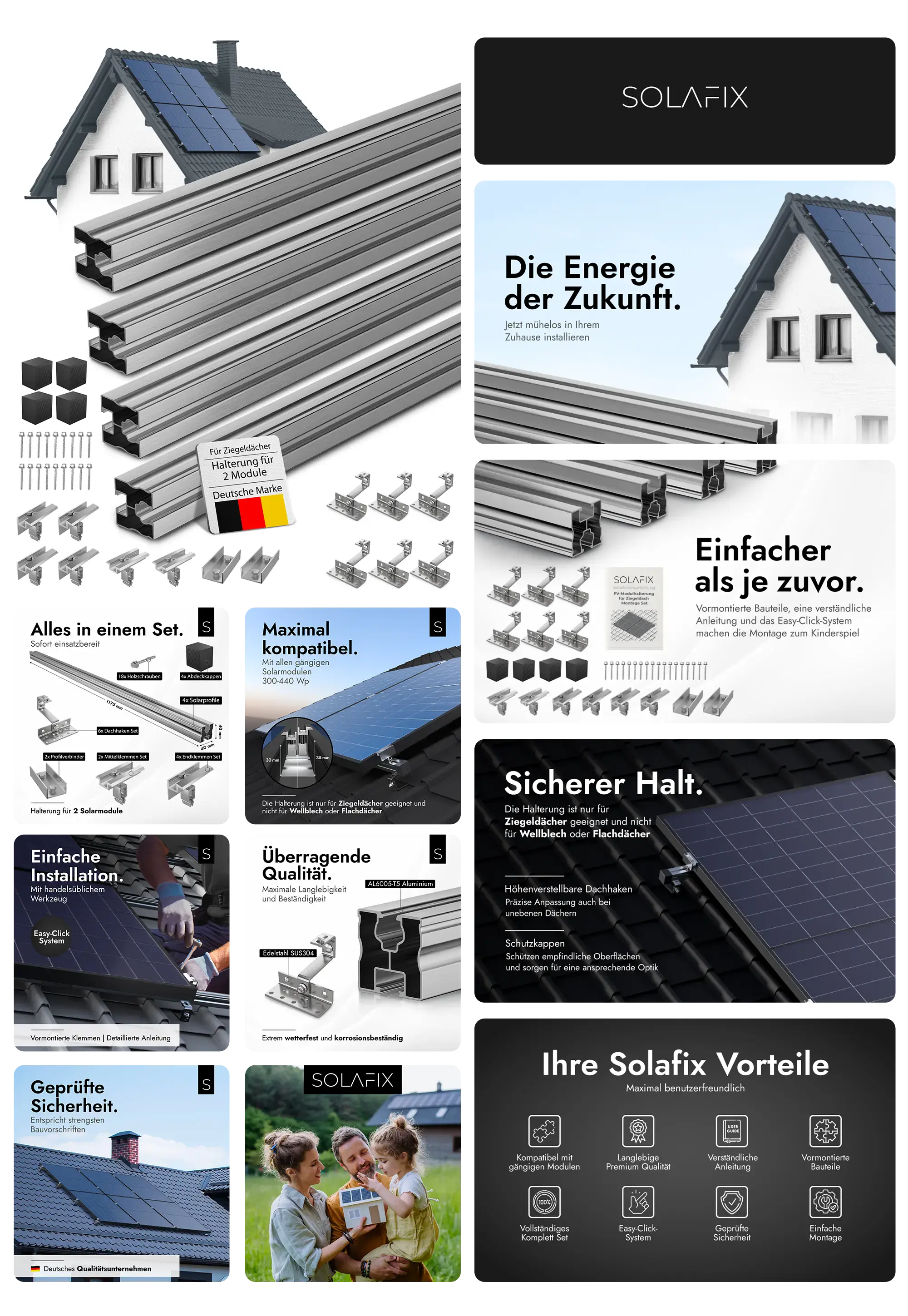 SOLAFIX Solar Halterung Komplettset für Ziegeldächer, robustes Aluminiumgestell für einfache und sichere Installation von Solarmodulen.