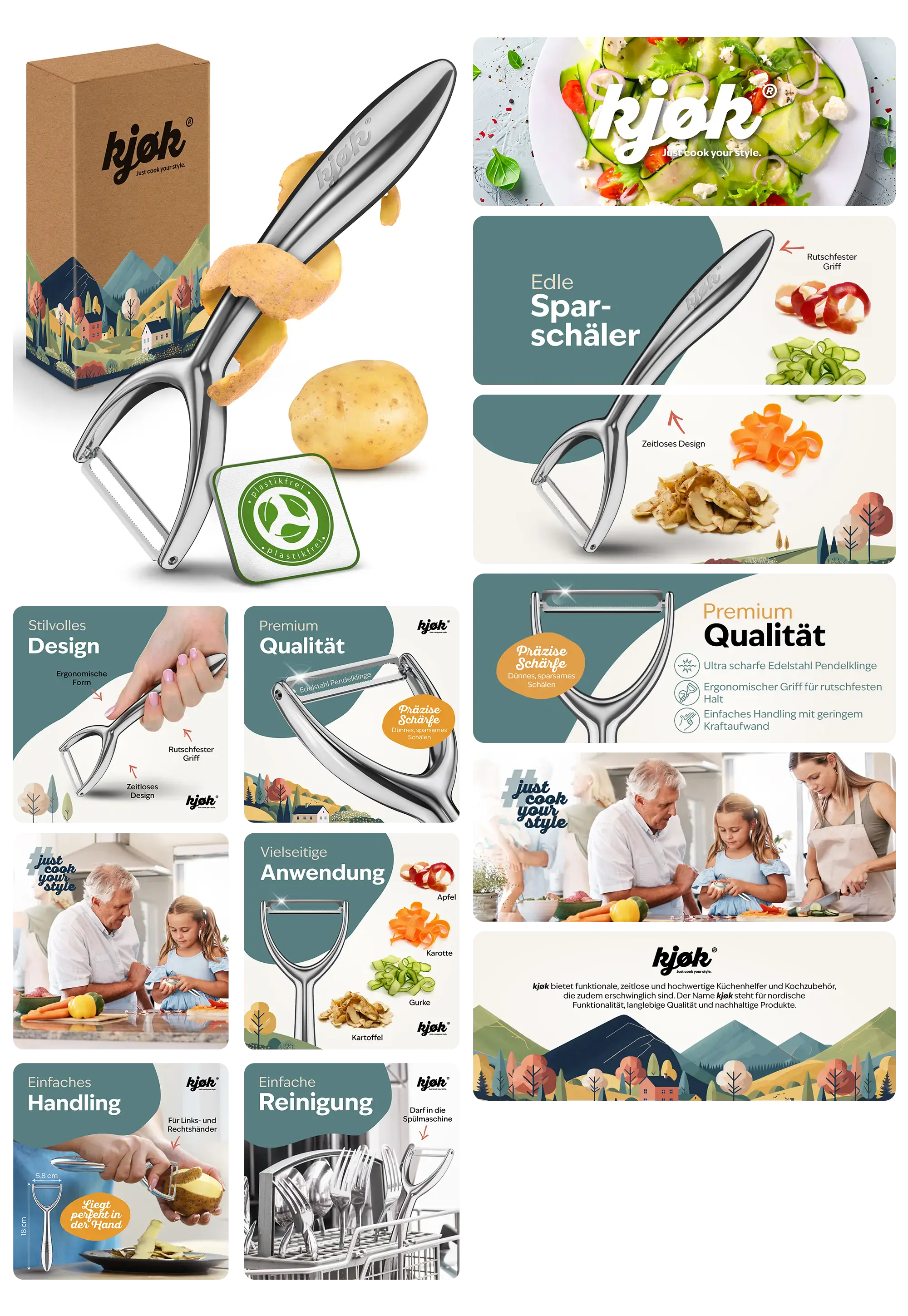 Kjok Edel Sparschäler aus rostfreiem Edelstahl mit präziser, scharfer Klinge und rutschfestem Griff für einfaches Schälen von Obst und Gemüse.