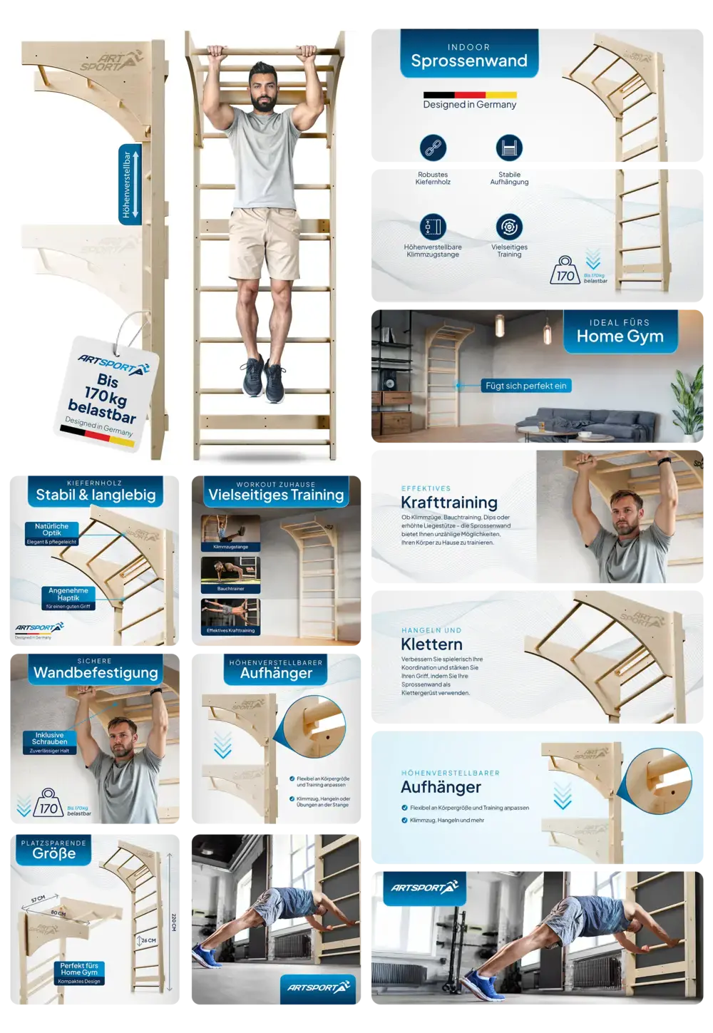 ARTsport Sprossenwand aus Kiefernholz, höhenverstellbar und stabil, ideal für Home Gym, Krafttraining und vielseitiges Workout.