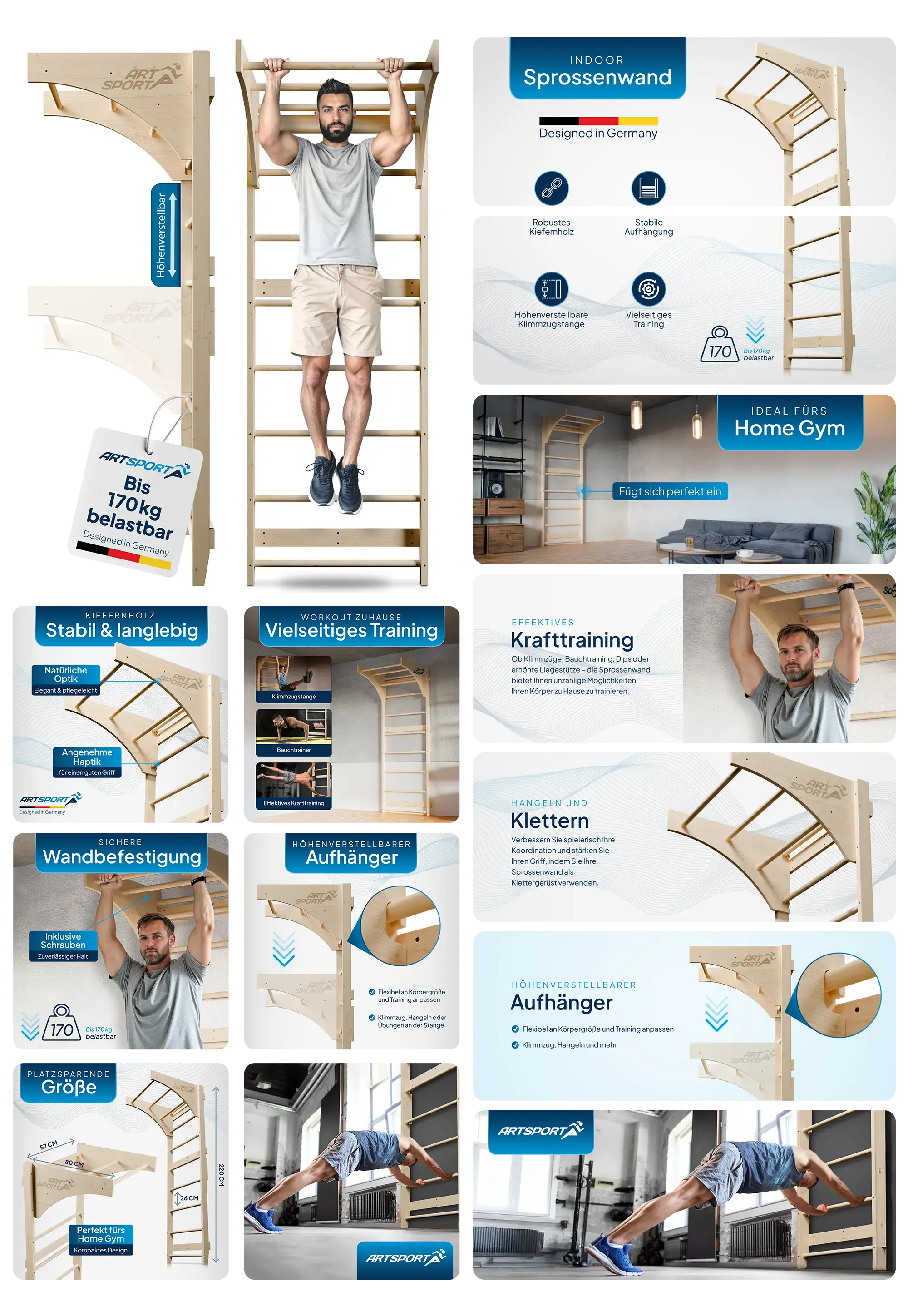 ARTsport Sprossenwand aus Kiefernholz, höhenverstellbar und stabil, ideal für Home Gym, Krafttraining und vielseitiges Workout.