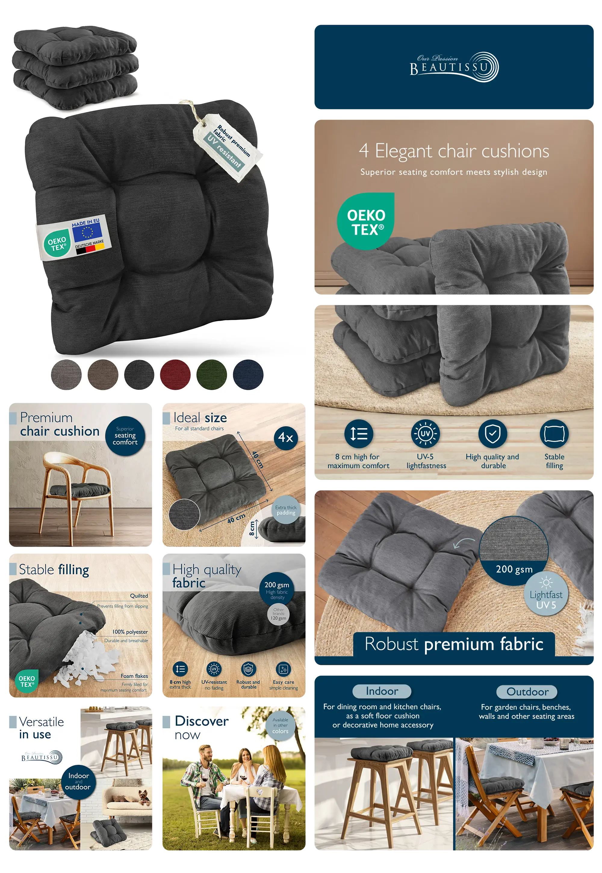 Beautissu Stuhlkissen in elegantem Design und Premium-Qualität, 4er-Set, aus robustem, lichtechtem Stoff für hohen Sitzkomfort indoor und outdoor.