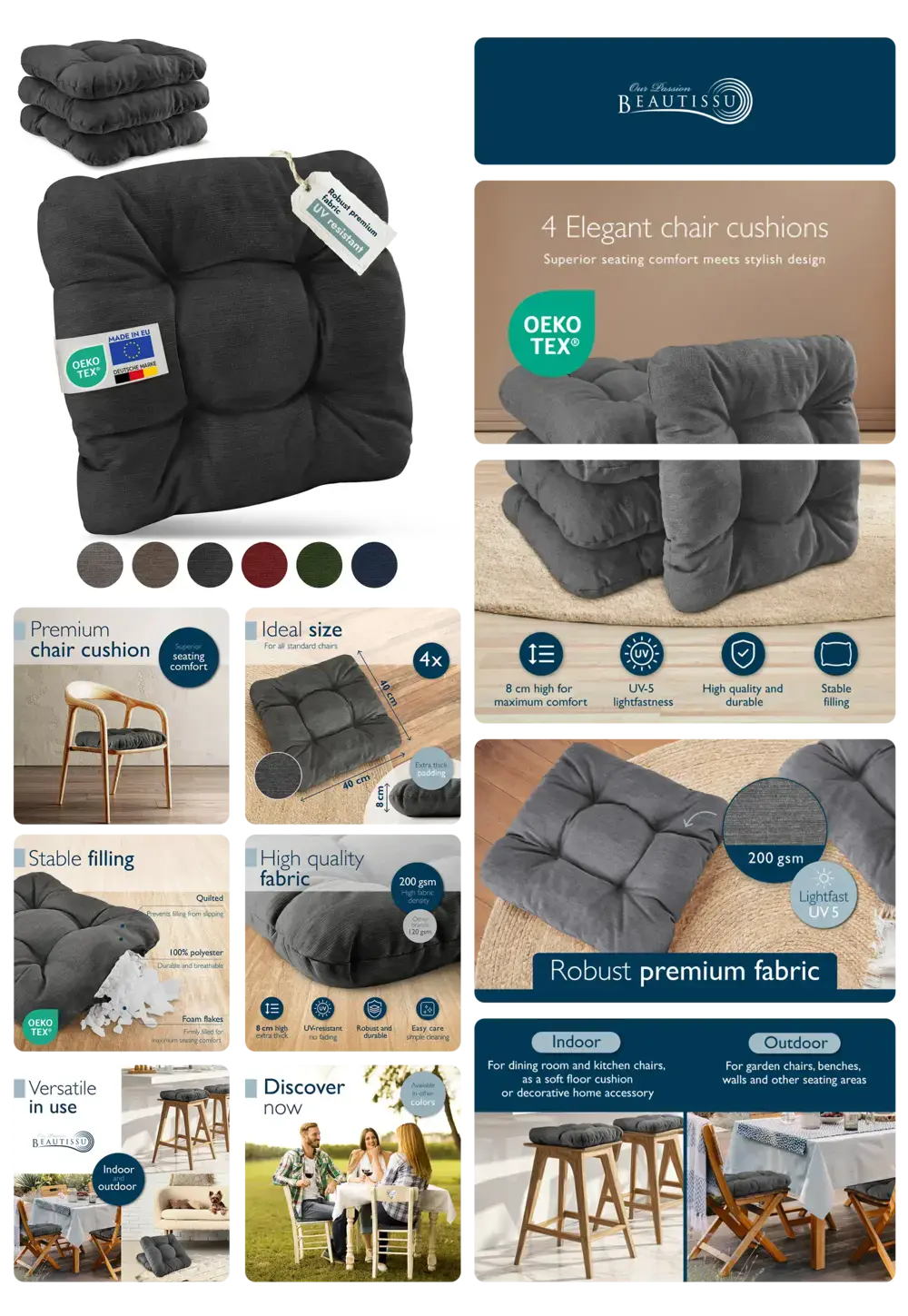 Beautissu Stuhlkissen in elegantem Design und Premium-Qualität, 4er-Set, aus robustem, lichtechtem Stoff für hohen Sitzkomfort indoor und outdoor.