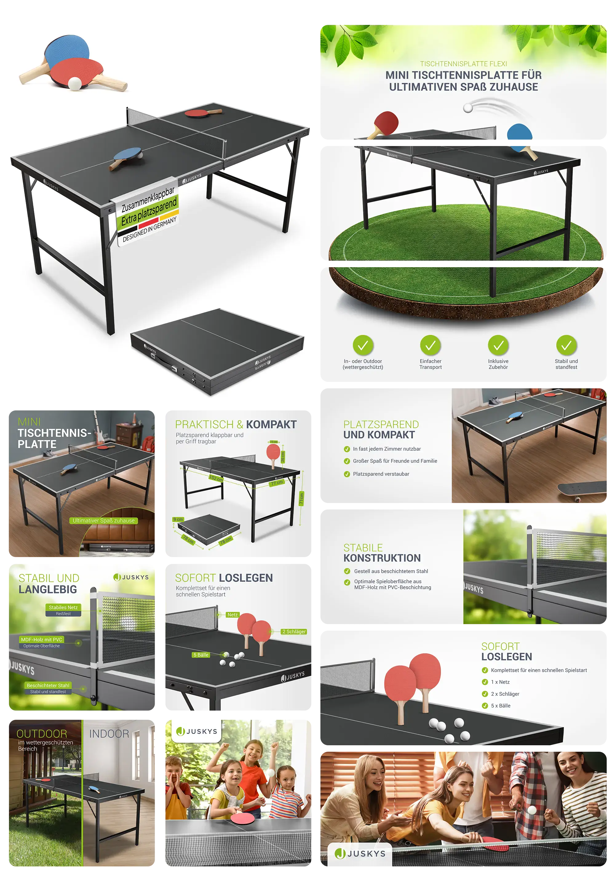 Juskys Mini Tischtennisplatte, klappbar und kompakt, ideal für Indoor- und Outdoor-Spaß, inklusive Netz, Schläger und Bälle.