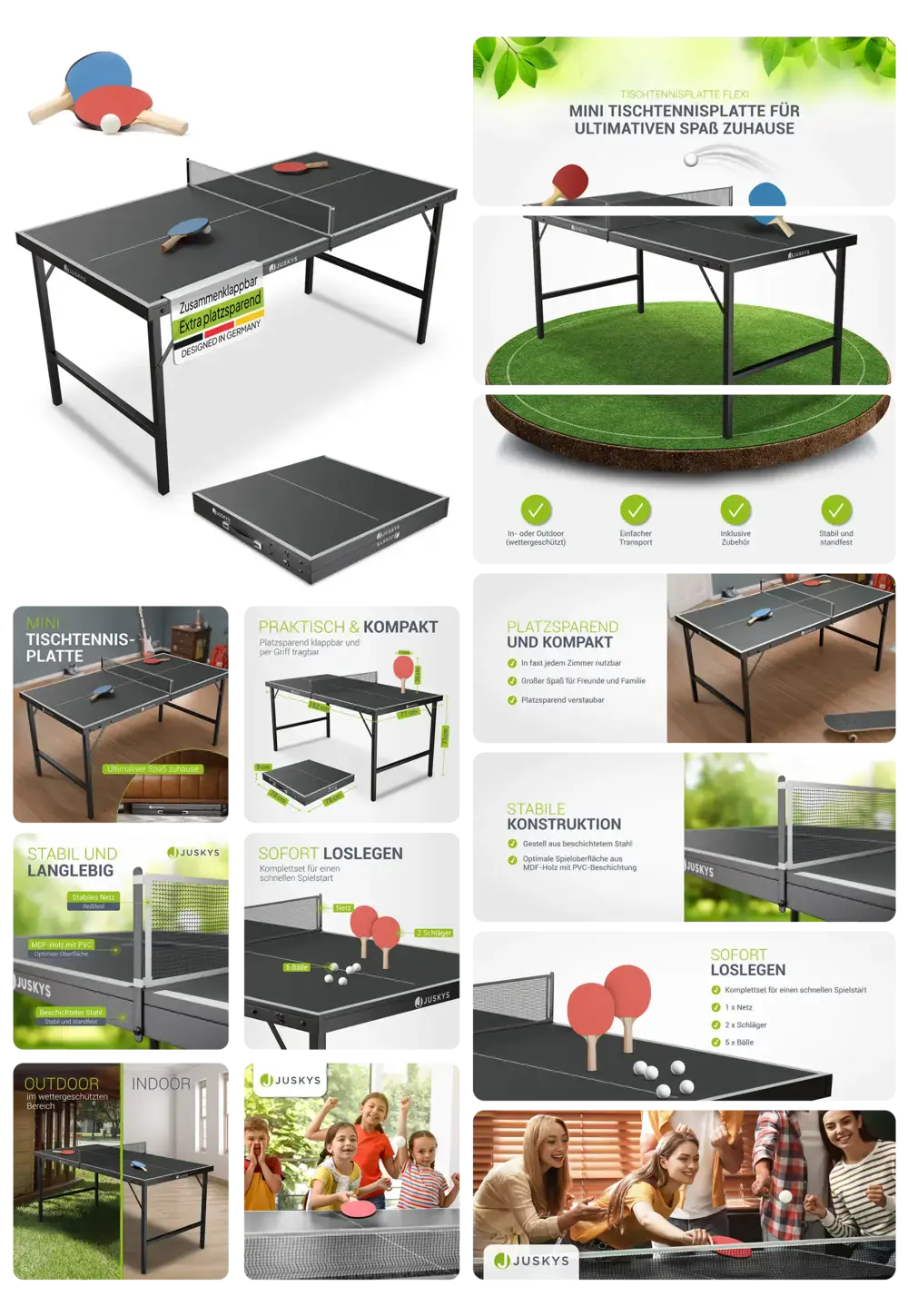 Juskys Mini Tischtennisplatte, klappbar und kompakt, ideal für Indoor- und Outdoor-Spaß, inklusive Netz, Schläger und Bälle.