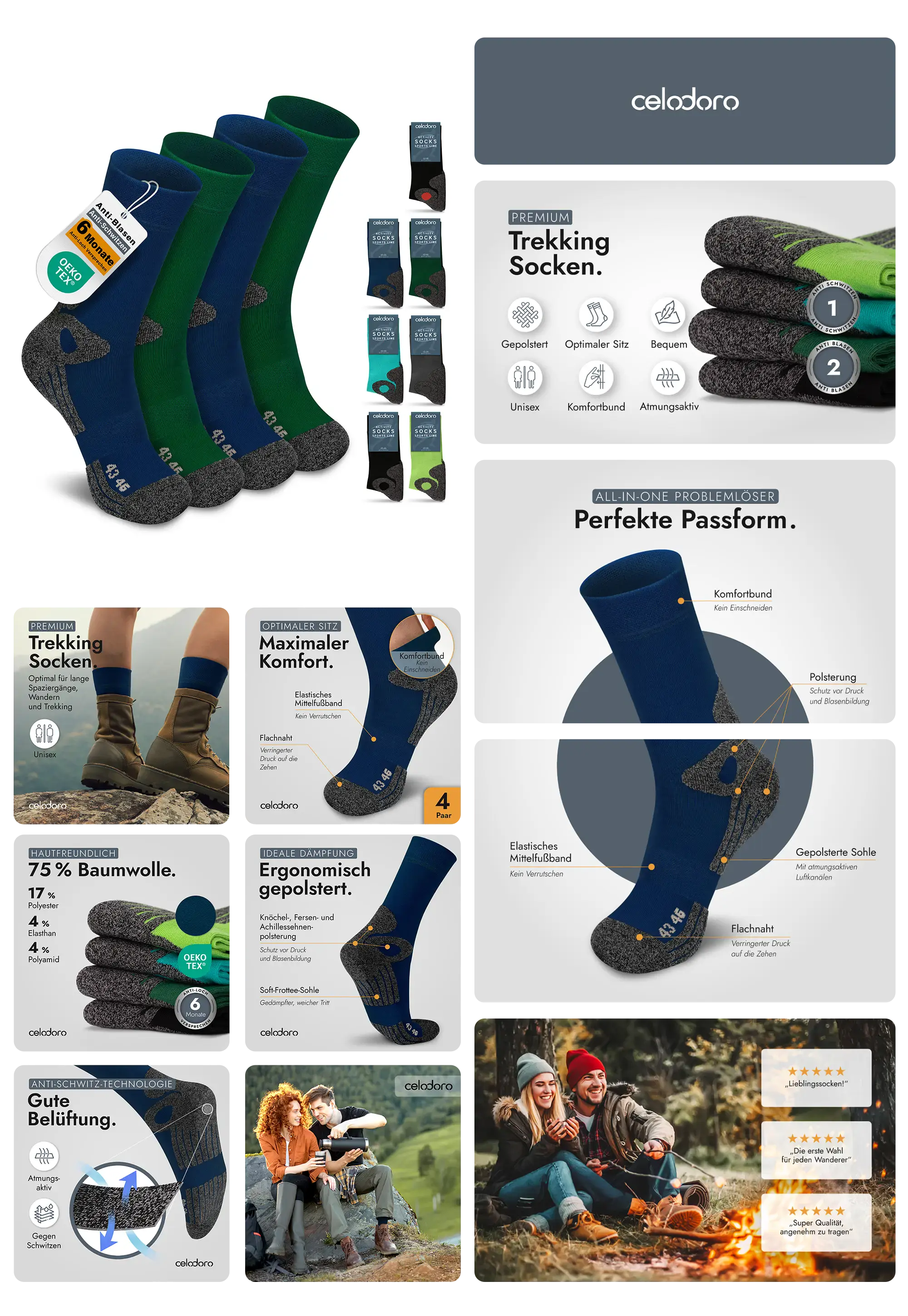 Celadoro Premium Trekking Socken im 4er Pack, gepolstert für maximalen Komfort und Blasenreduktion, ideal für Wanderungen und Outdoor-Aktivitäten.
