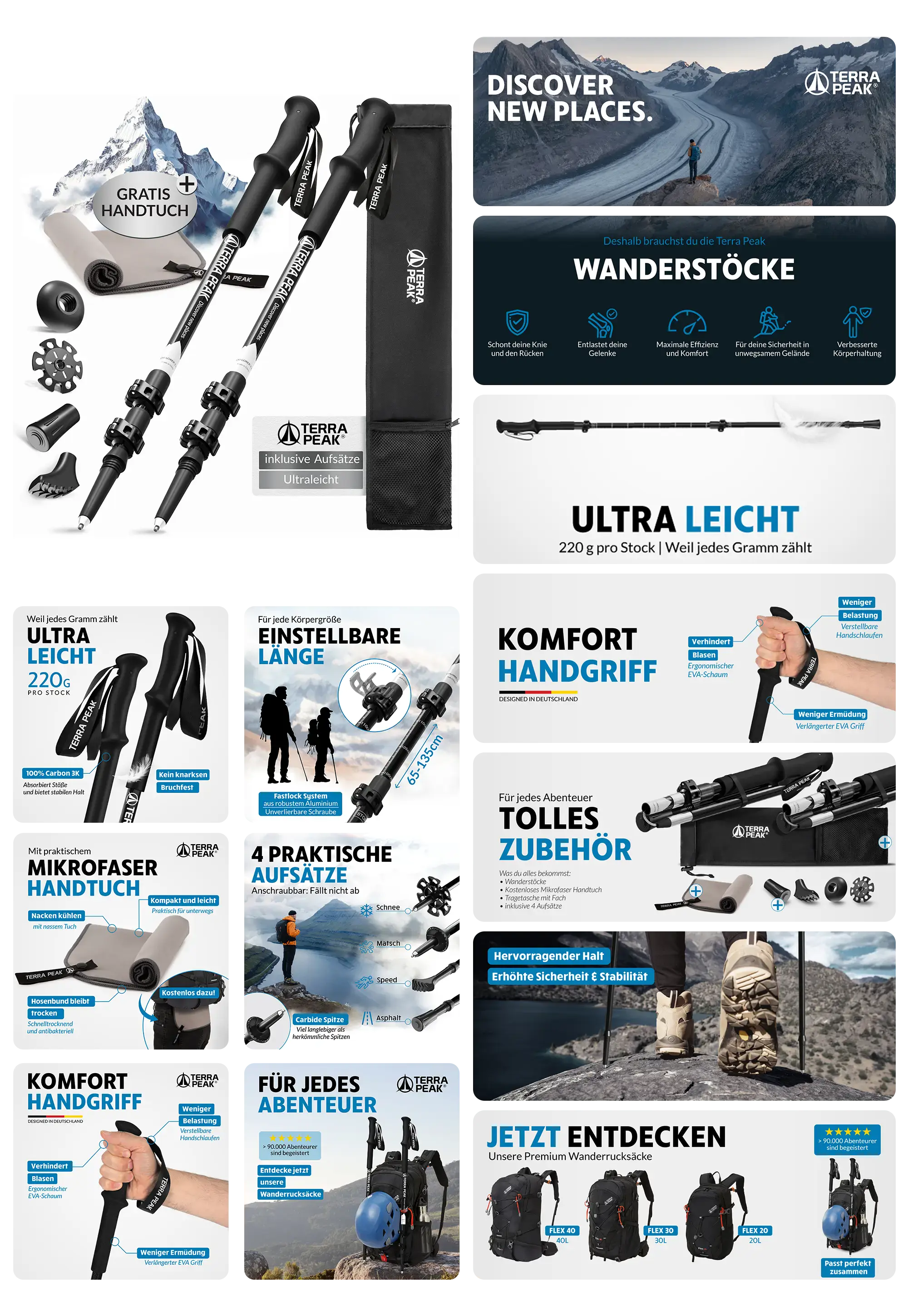 Terra Peak Wanderstöcke aus ultraleichtem Aluminium, höhenverstellbar mit komfortablen Griffen und praktischen Aufsätzen, inklusive Handtuch und Tasche.