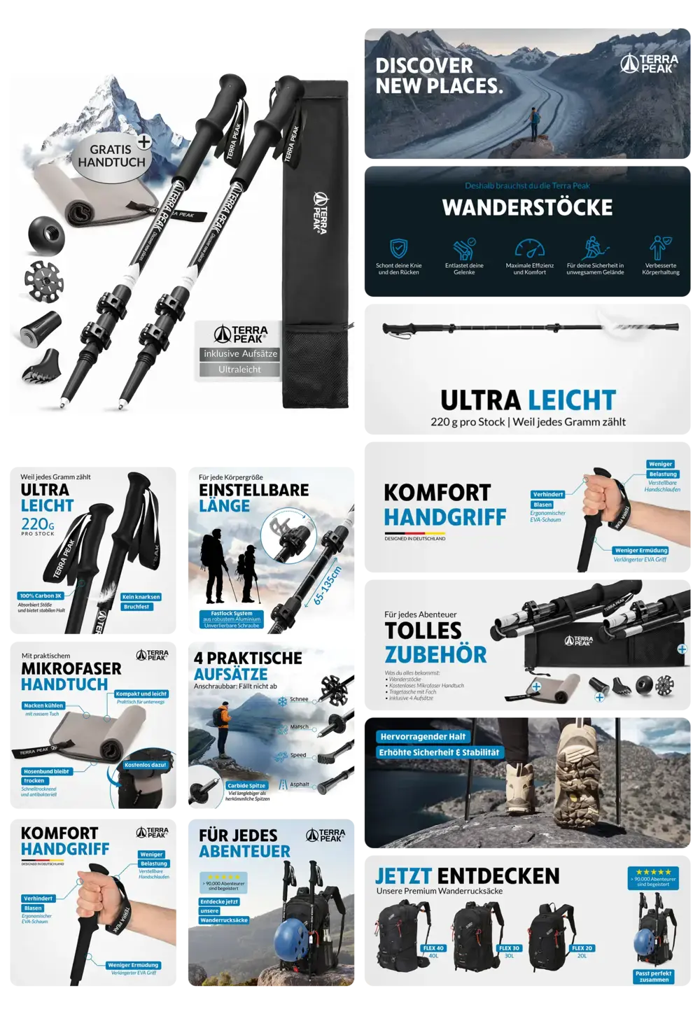 Terra Peak Wanderstöcke aus ultraleichtem Aluminium, höhenverstellbar mit komfortablen Griffen und praktischen Aufsätzen, inklusive Handtuch und Tasche.