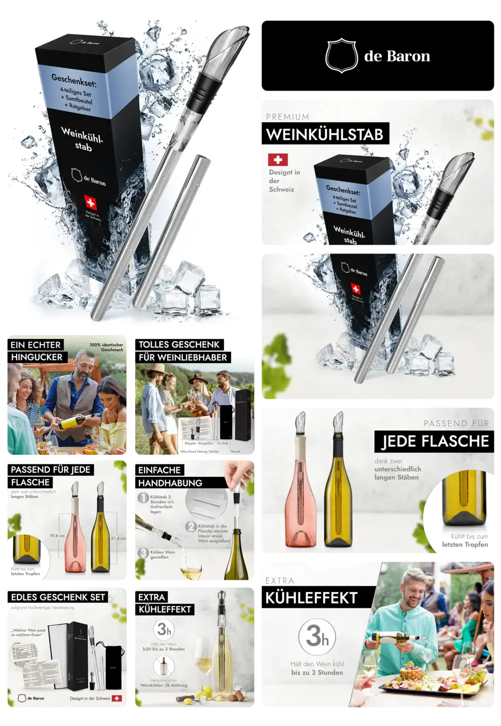 de Baron Weinkühlerstab aus Edelstahl, im 2er-Set mit Belüfter und Ausgießer, kühlt Wein für bis zu 3 Stunden und passt in jede Flasche.