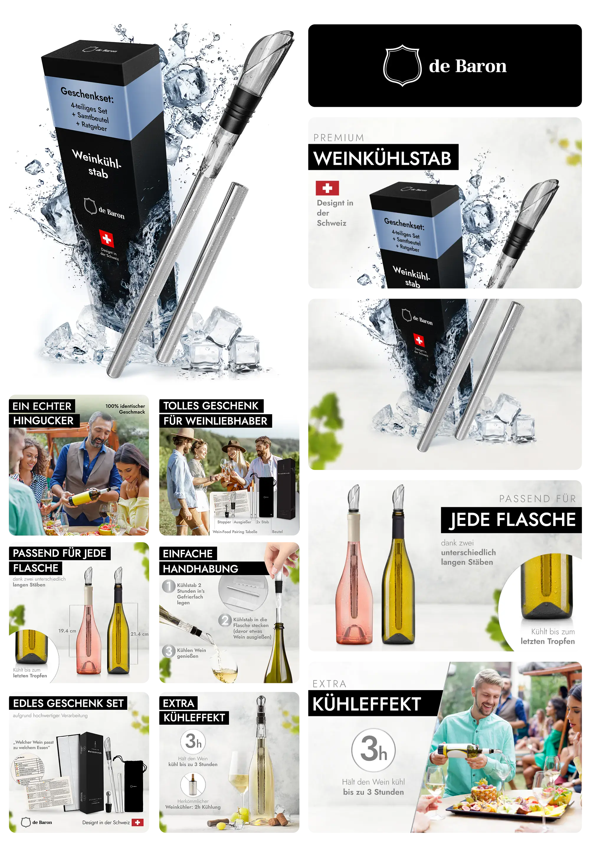 de Baron Weinkühlerstab aus Edelstahl, im 2er-Set mit Belüfter und Ausgießer, kühlt Wein für bis zu 3 Stunden und passt in jede Flasche.