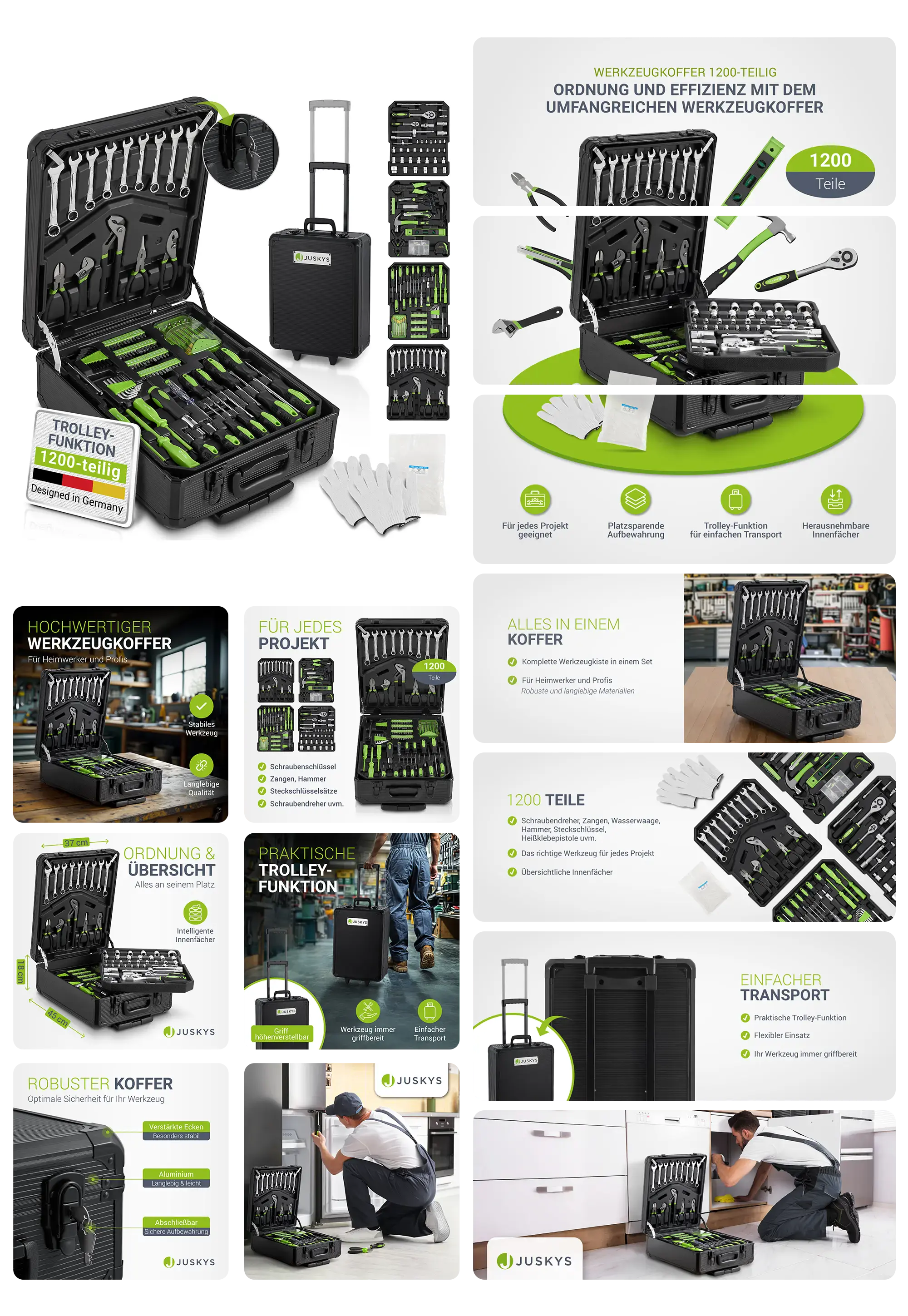 JUSKYS Werkzeugkoffer 1200-teilig mit Trolley-Funktion, robust und organisiert, ideal für jeden Handwerker und jedes Projekt.