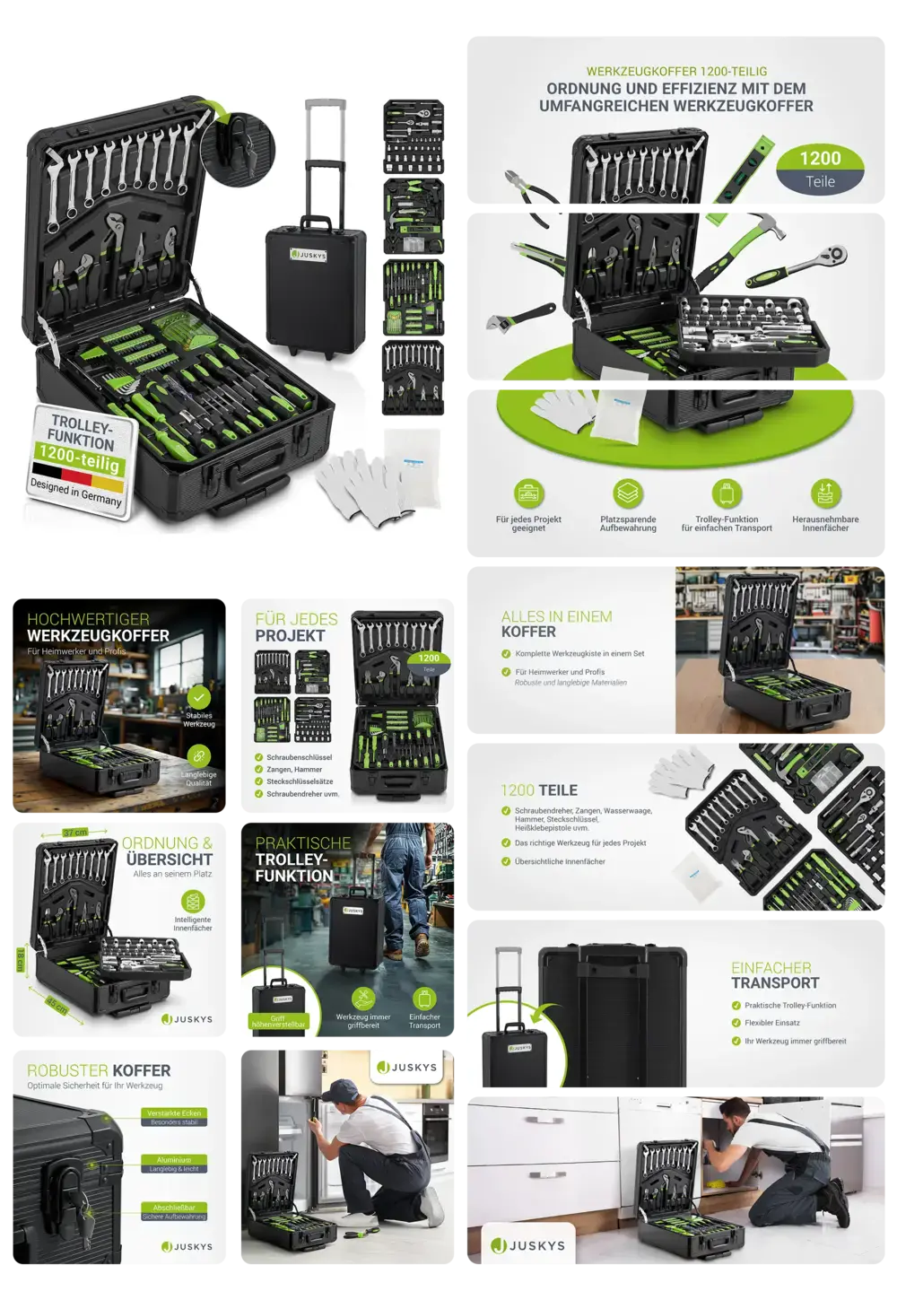 JUSKYS Werkzeugkoffer 1200-teilig mit Trolley-Funktion, robust und organisiert, ideal für jeden Handwerker und jedes Projekt.