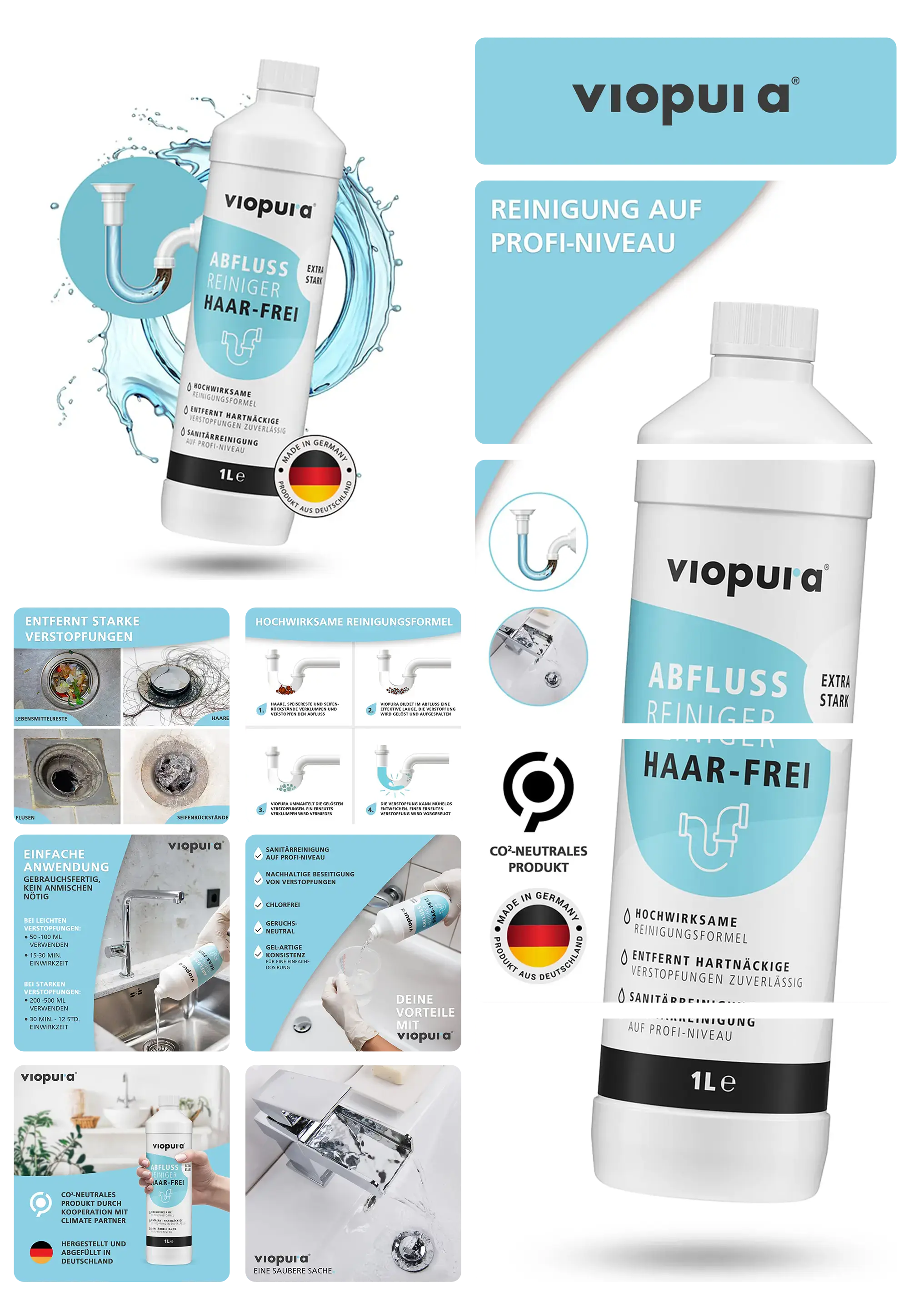 viopui A Abflussreiniger Haar-Frei-Flasche in der Küche mit Abfluss und Wasser.