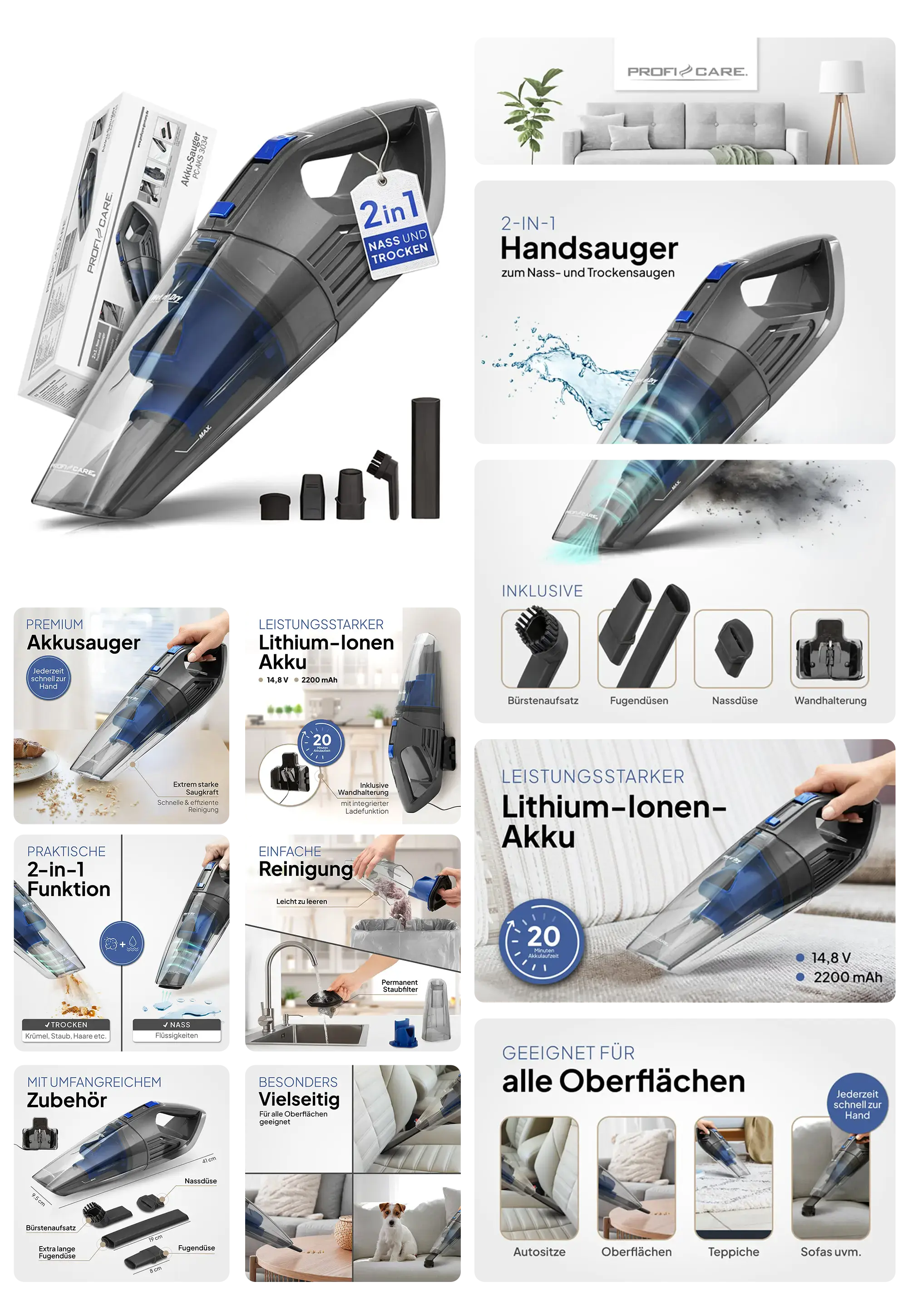 PROFI-CARE 2-in-1 Handstaubsauger, kabelloser Akkusauger mit Lithium-Ionen Akku und Zubehör.