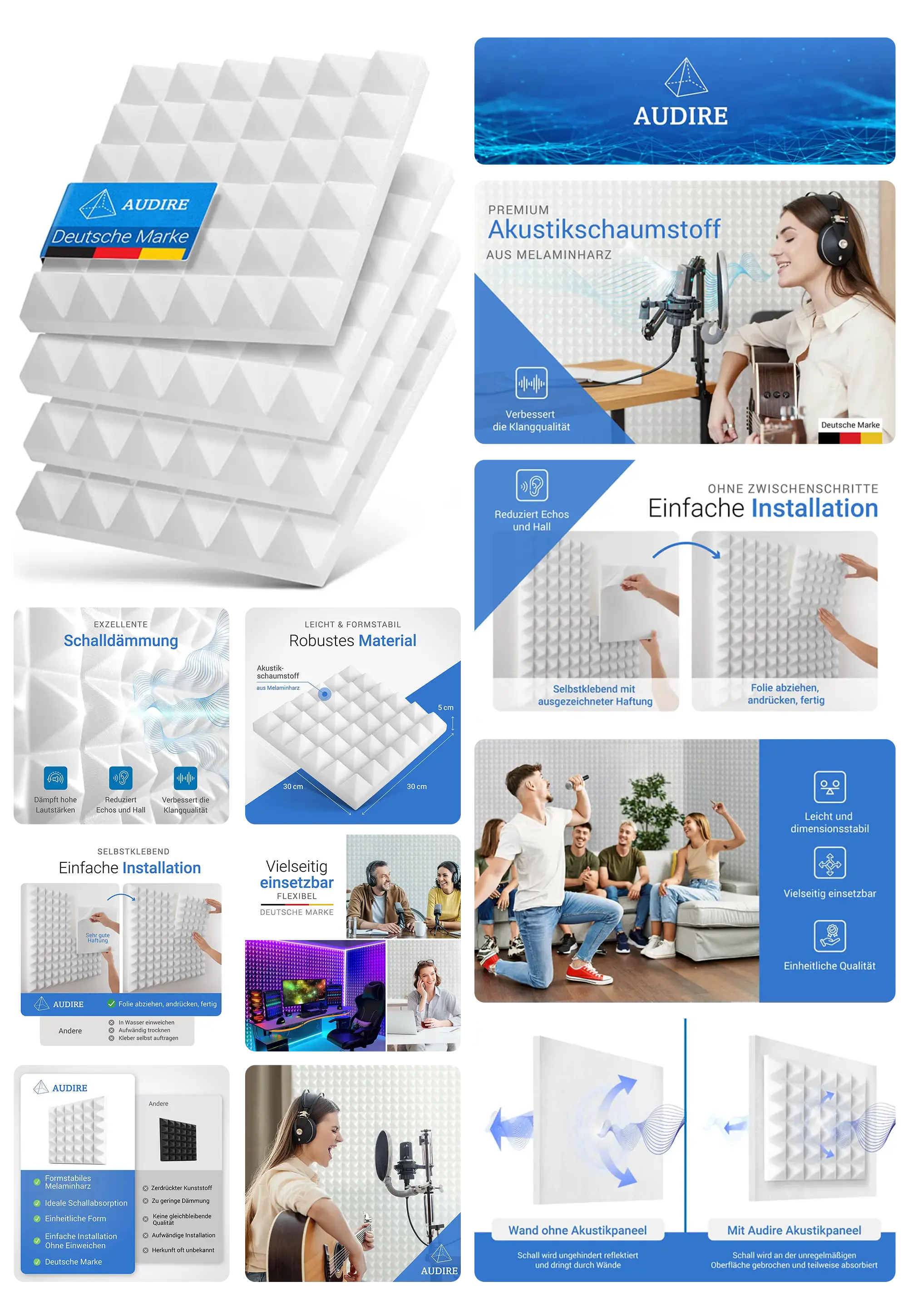 AUDIRE Akustikpaneele aus Melaminharz, pyramidenförmiger Akustikschaumstoff zur Schalldämmung und Verbesserung der Raumakustik.