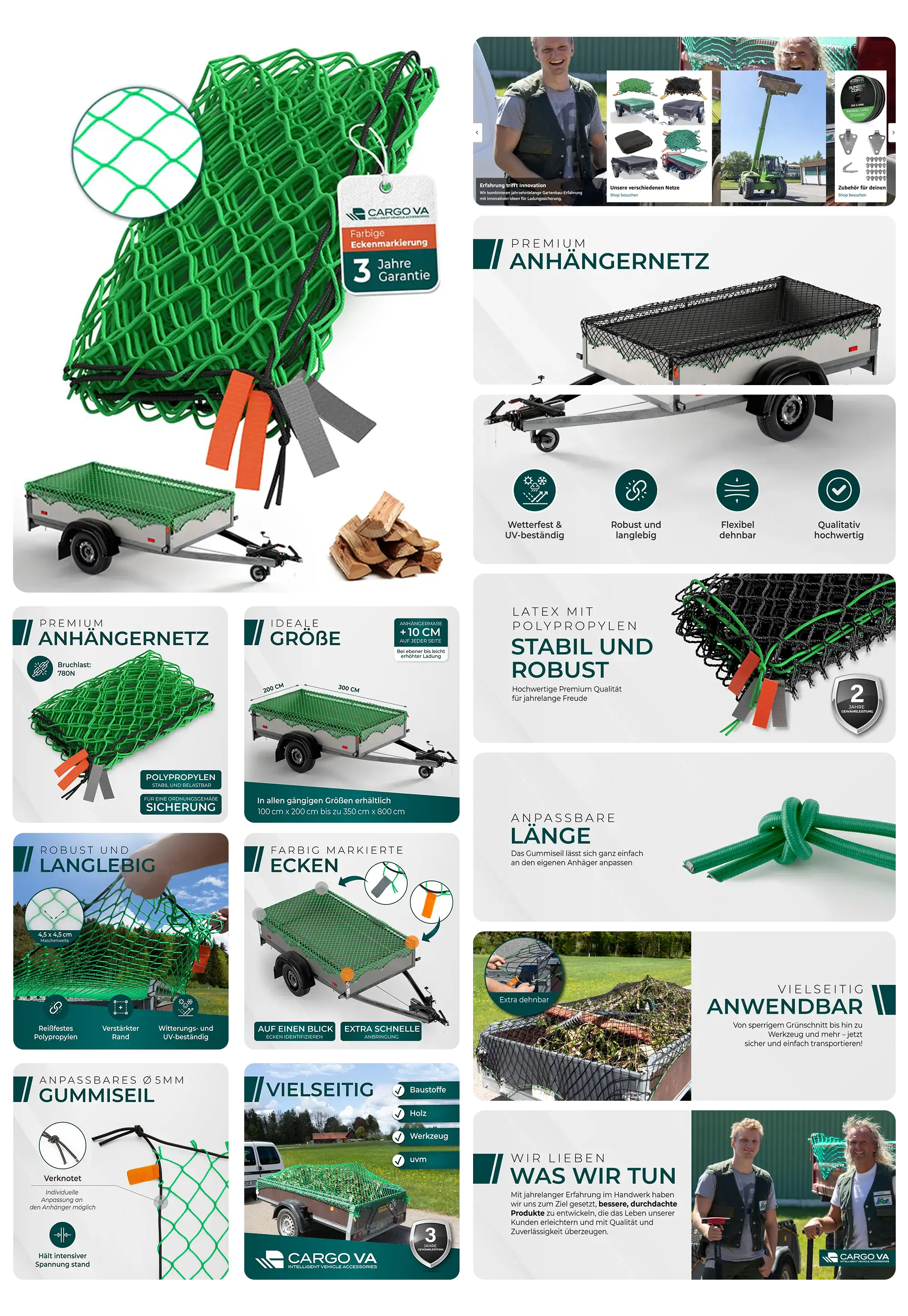 CARGO VA Premium Anhängernetz in Grün, aus Polypropylen, zur Ladungssicherung von Baumaterial, Holz oder Gartenabfällen.