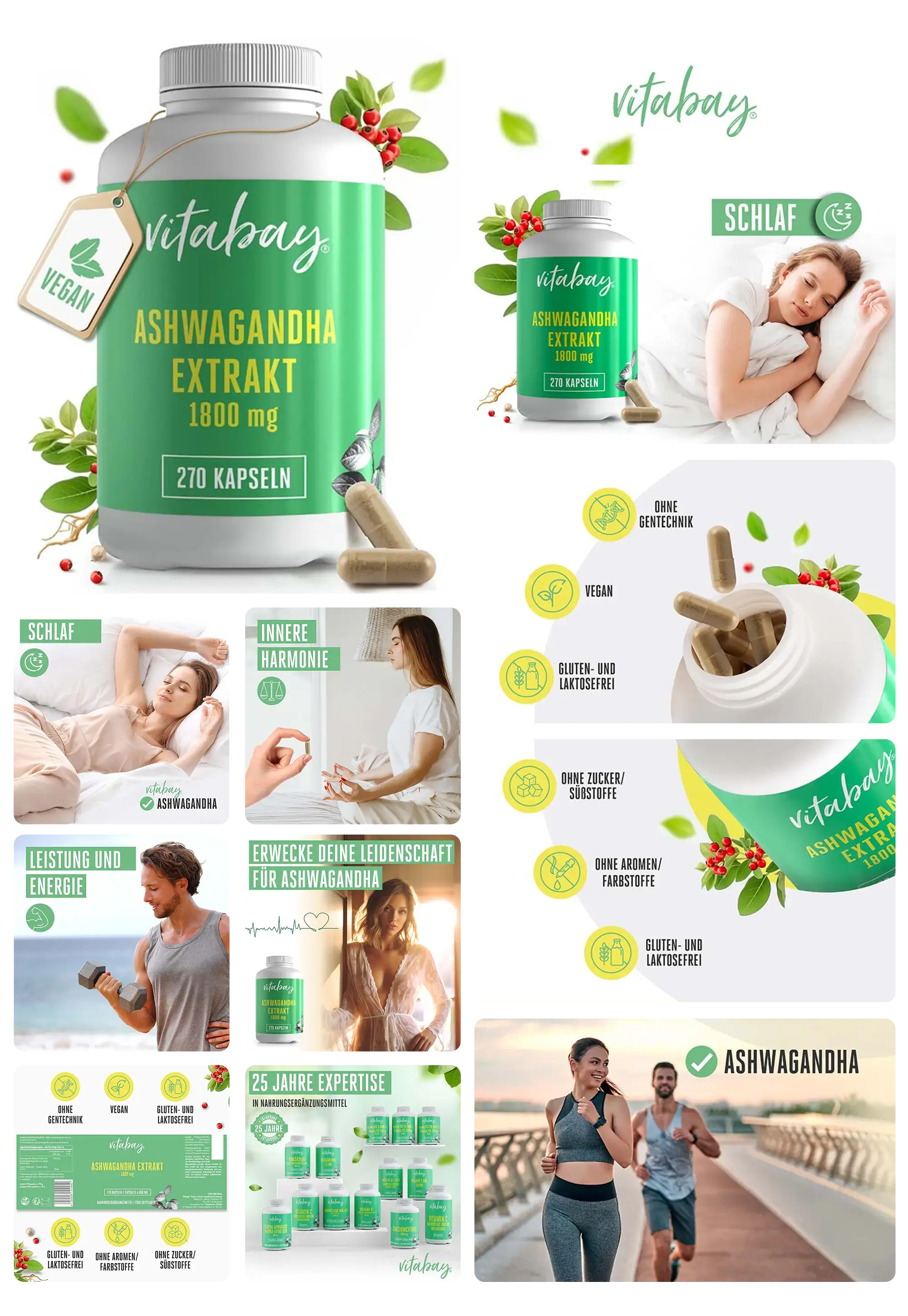 vitabay Ashwagandha Extrakt Kapseln, 1800mg, vegan und glutenfrei, mit Hinweisen auf Schlaf, innere Harmonie, Leistung und Energie.