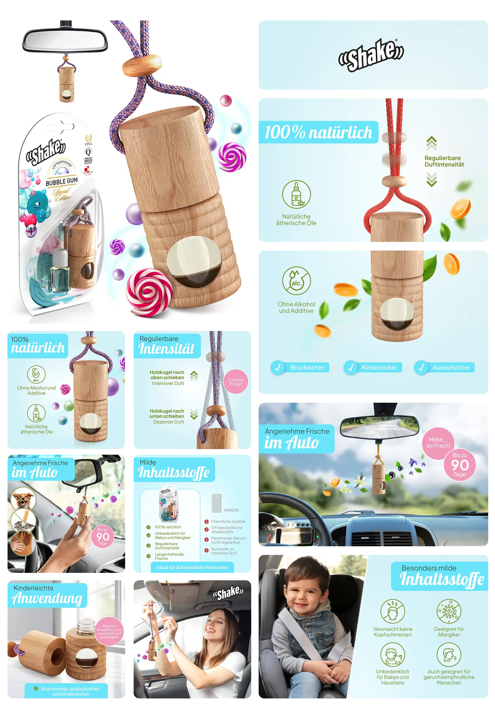 Shake Auto-Duft mit Holzflasche und ätherischen Ölen, für angenehme Frische im Auto.