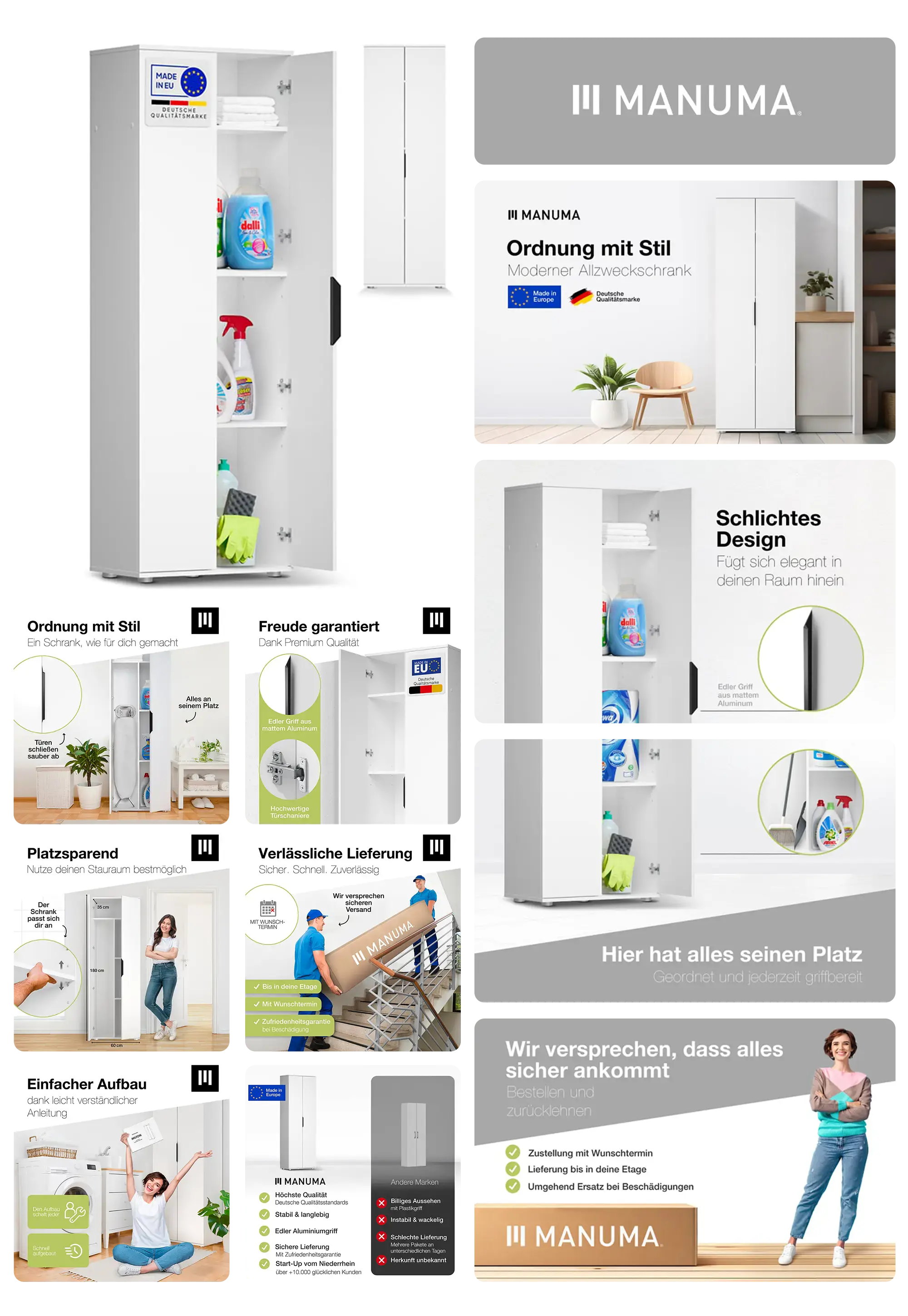 MANUMA Besenschrank in Weiß, für die platzsparende und stilvolle Aufbewahrung von Reinigungsutensilien.