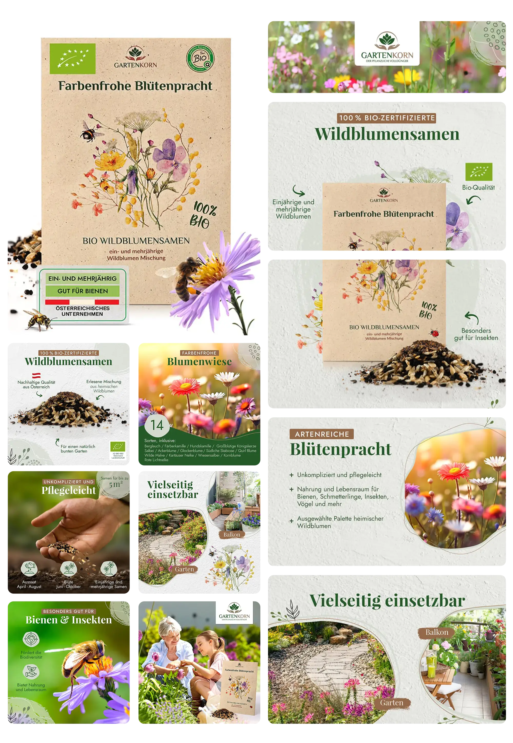 GARTENKORN Bio Wildblumensamen in Verpackung, für farbenfrohe Blütenpracht und als Futter für Bienen und Insekten.
