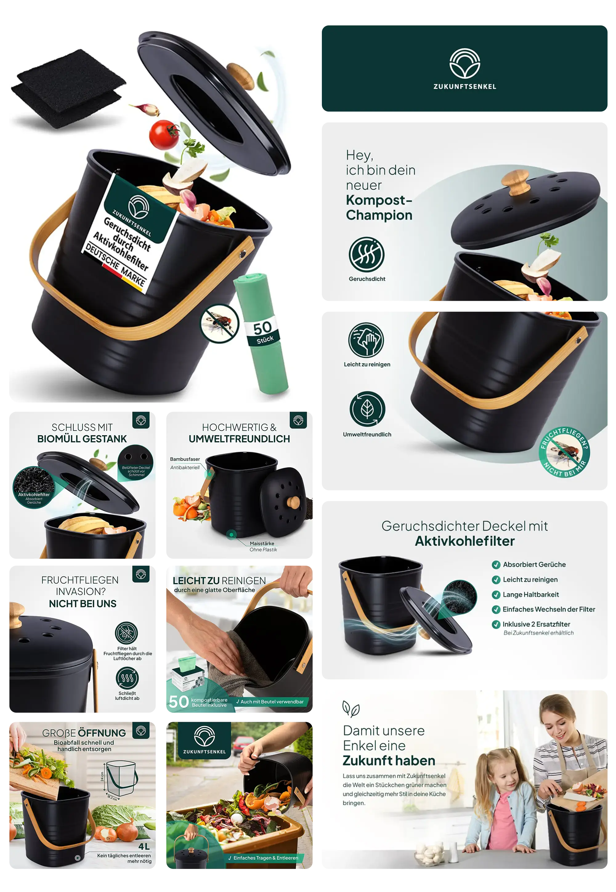 ZUKUNFTSENKEL Bio-Komposteimer mit geruchsdichtem Aktivkohlefilter und Bambusdeckel, zum Sammeln von Bio-Abfällen in der Küche.