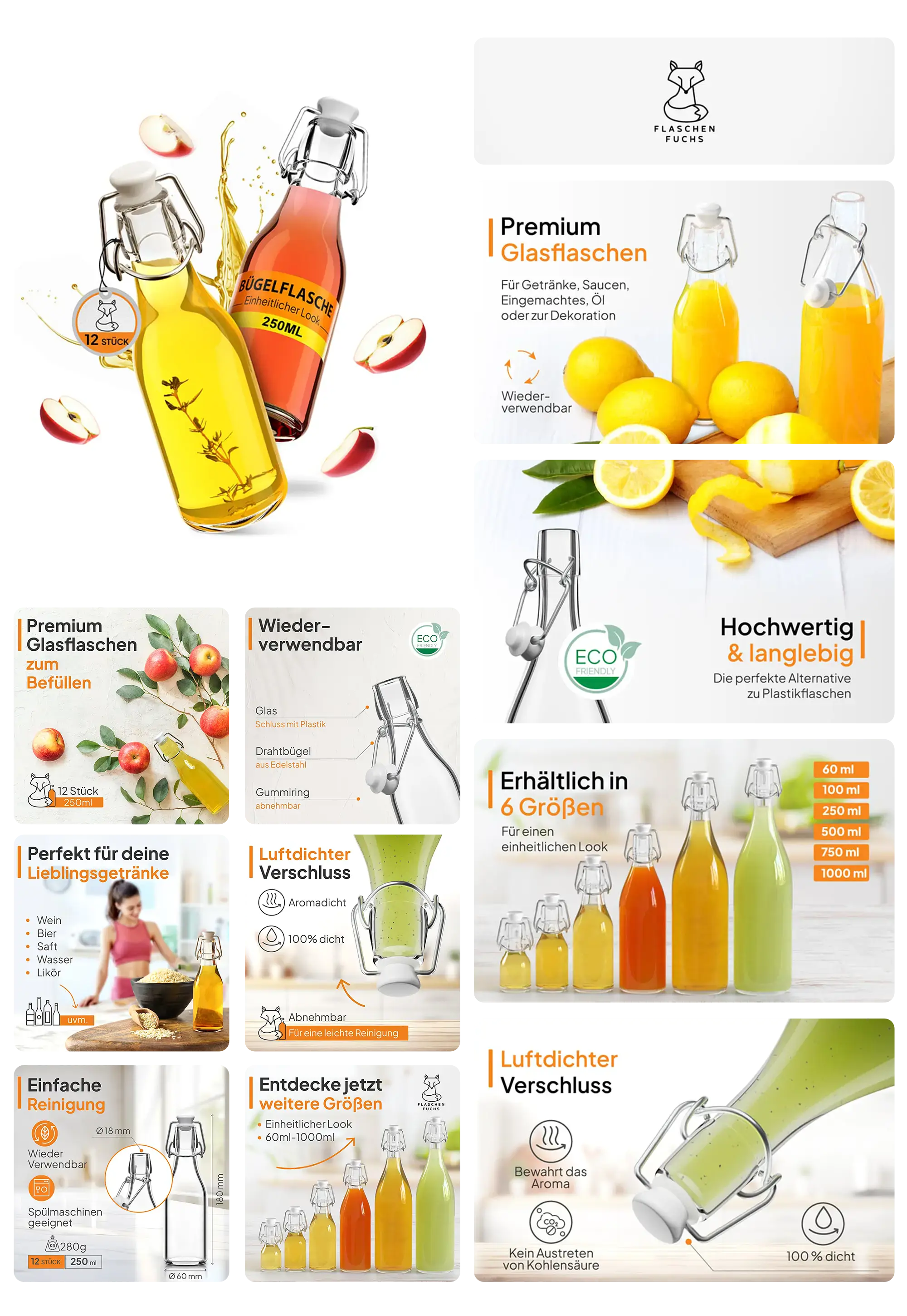 FLASCHEN FUCHS Bügelflaschen mit Drahtbügelverschluss, zur Aufbewahrung von Getränken, Soßen oder Likör, in verschiedenen Größen.