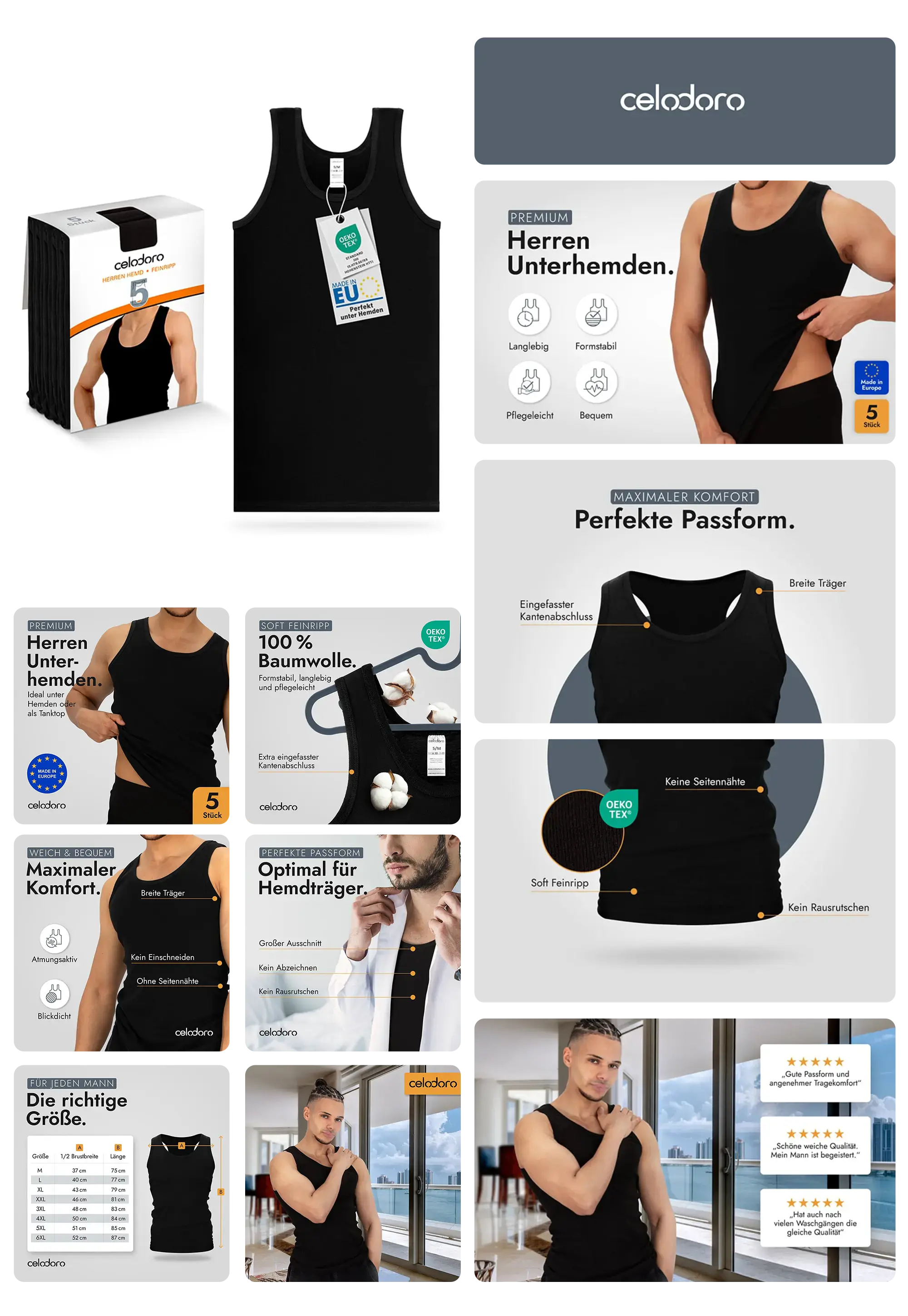 celodoro Premium Herren Unterhemden aus 100% Baumwolle, in Schwarz, mit weicher Passform und hohem Tragekomfort.