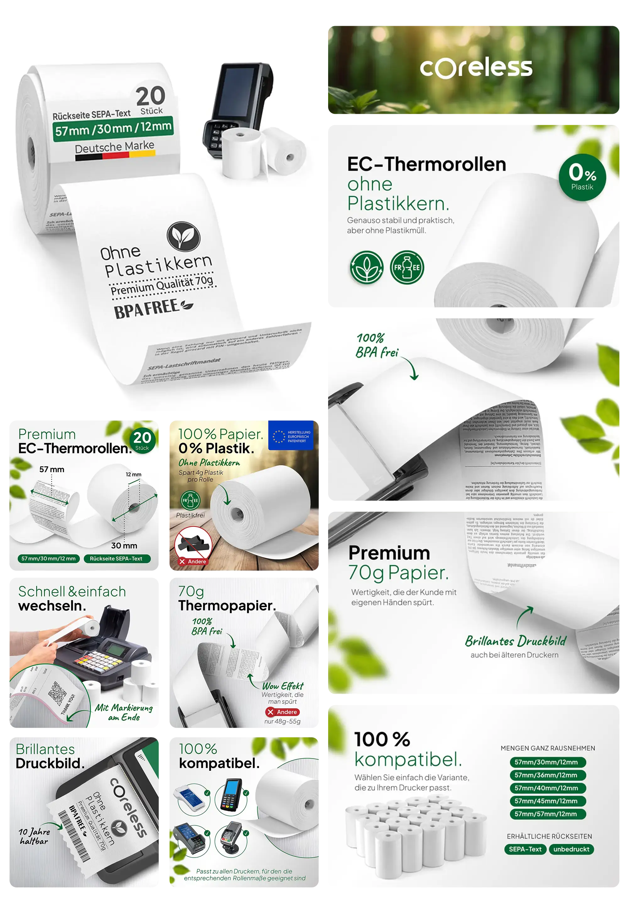 coreless EC-Thermopapierrollen, 100% plastikfrei, BPA-frei, in 20er-Packung.