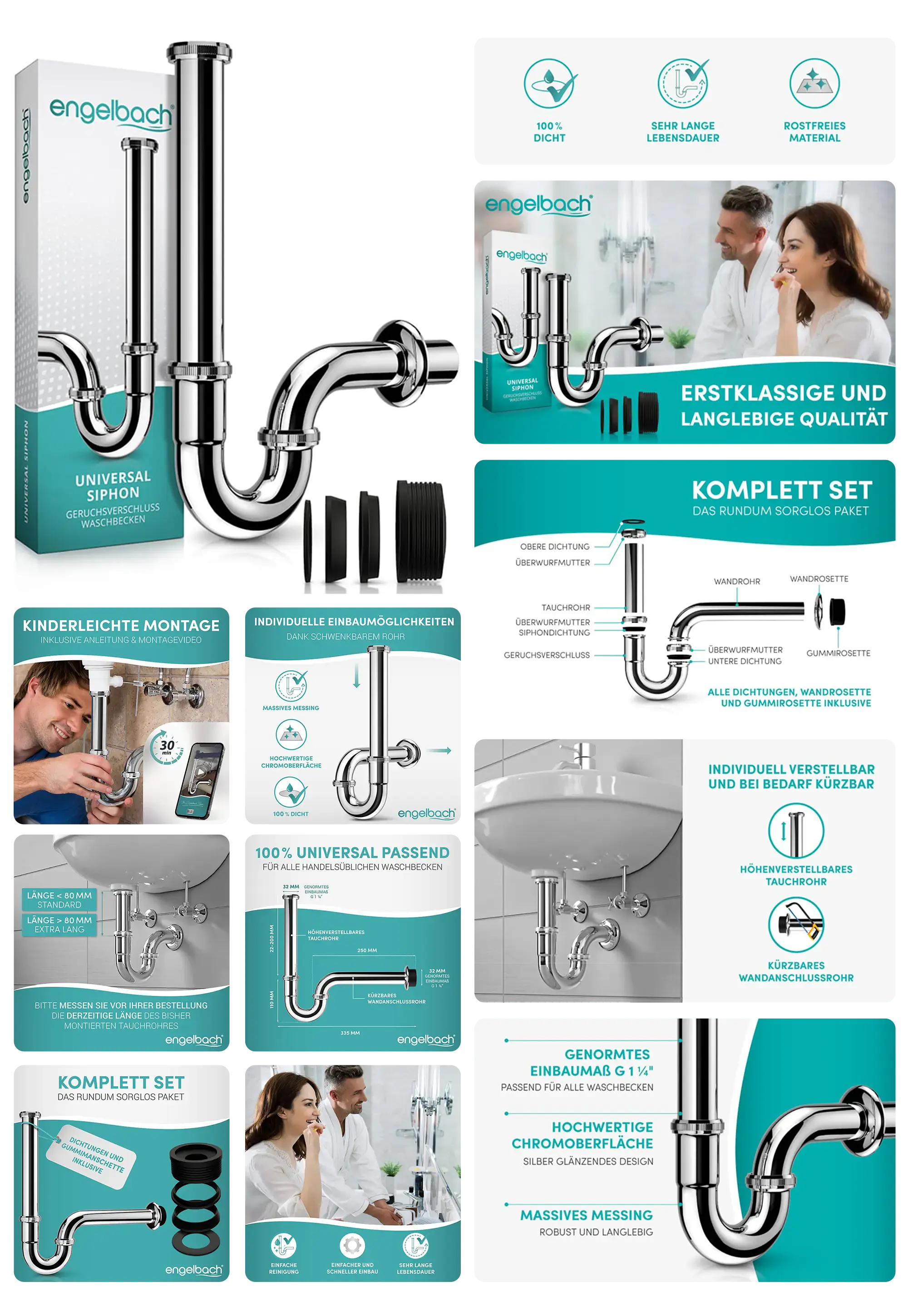 engelbach Universal Siphon aus Edelstahl für Waschbecken, mit Geruchsverschluss und einfacher Montage.