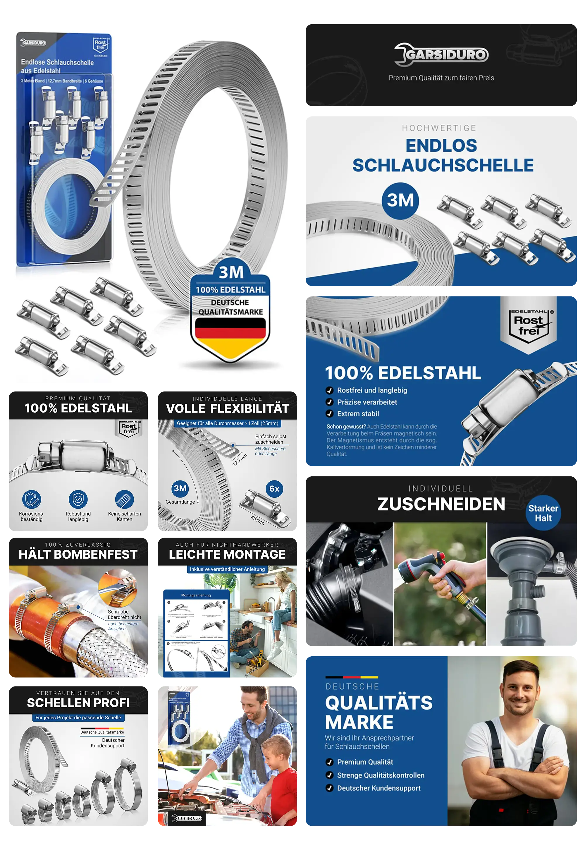 GARSIDURO Endlosschlauchschelle aus 100% Edelstahl, individuell zuschneidbar, für Schläuche, Rohre und Leitungen.