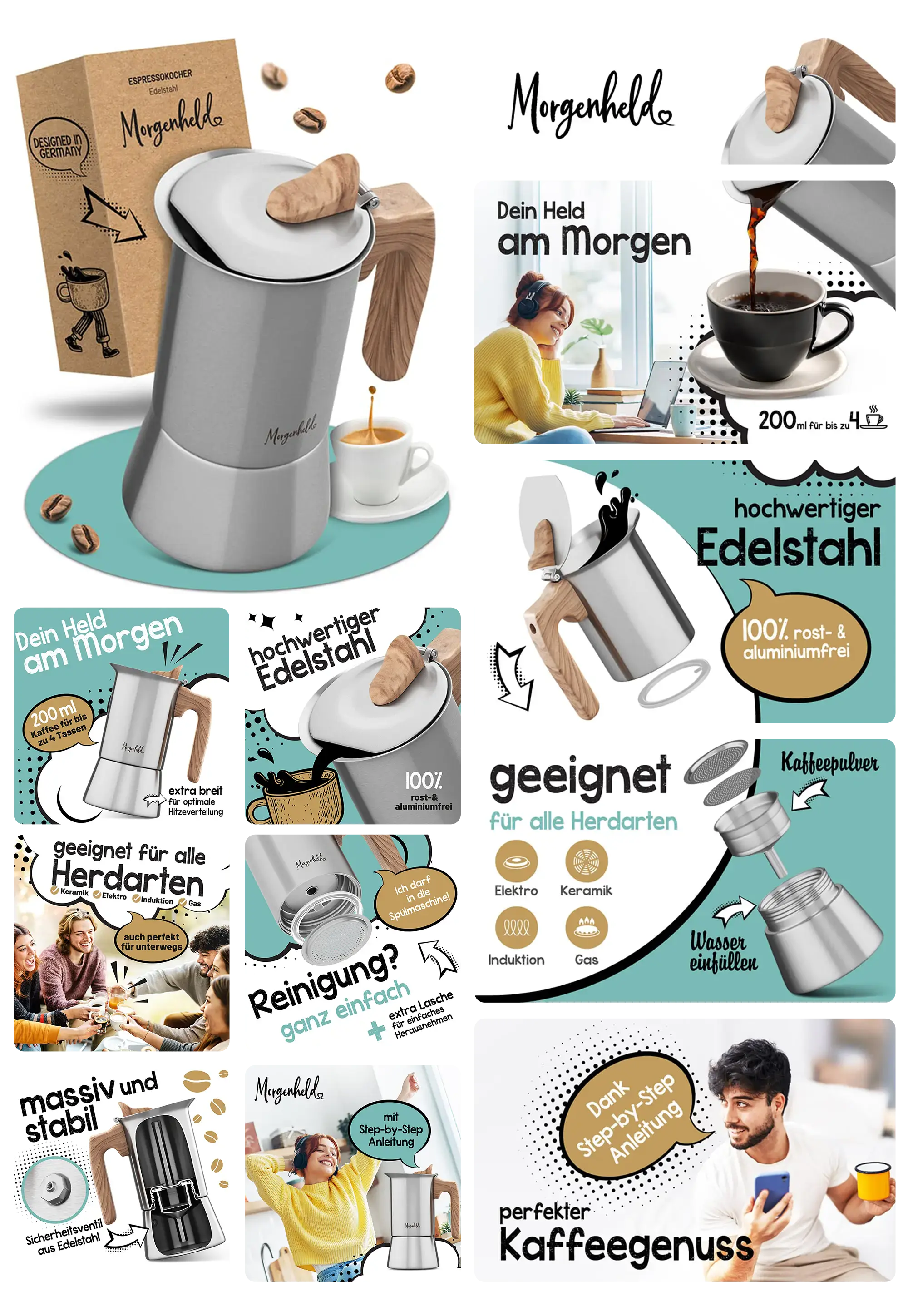Morgenheld French Press Kaffeebereiter aus hochwertigem Edelstahl mit Thermoeffekt, für die Zubereitung von Kaffee oder Tee.