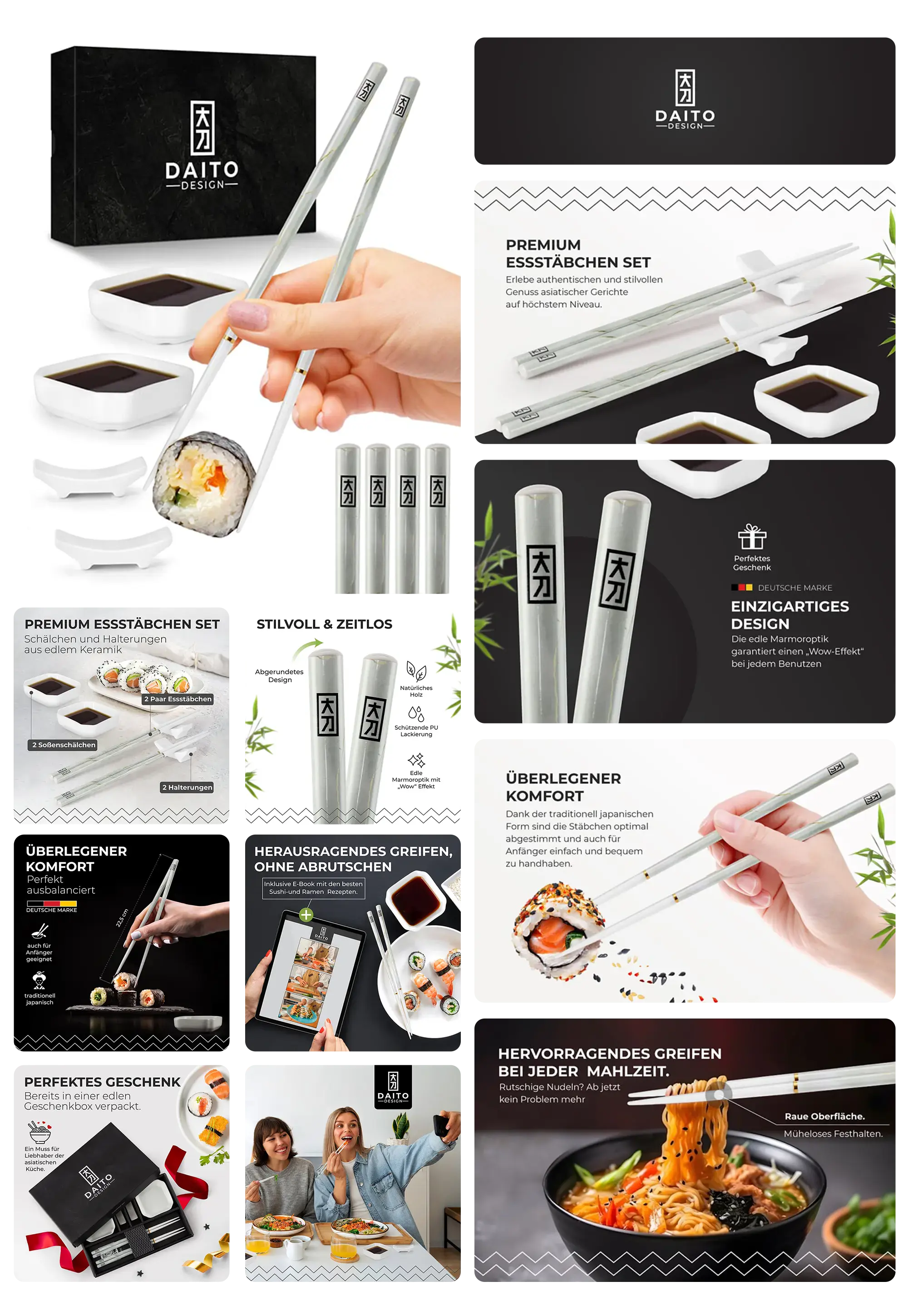 DAITO DESIGN Premium Essstäbchen Set aus Keramik und Edelstahl, mit Schälchen und Halterungen für Sushi und asiatisches Essen.